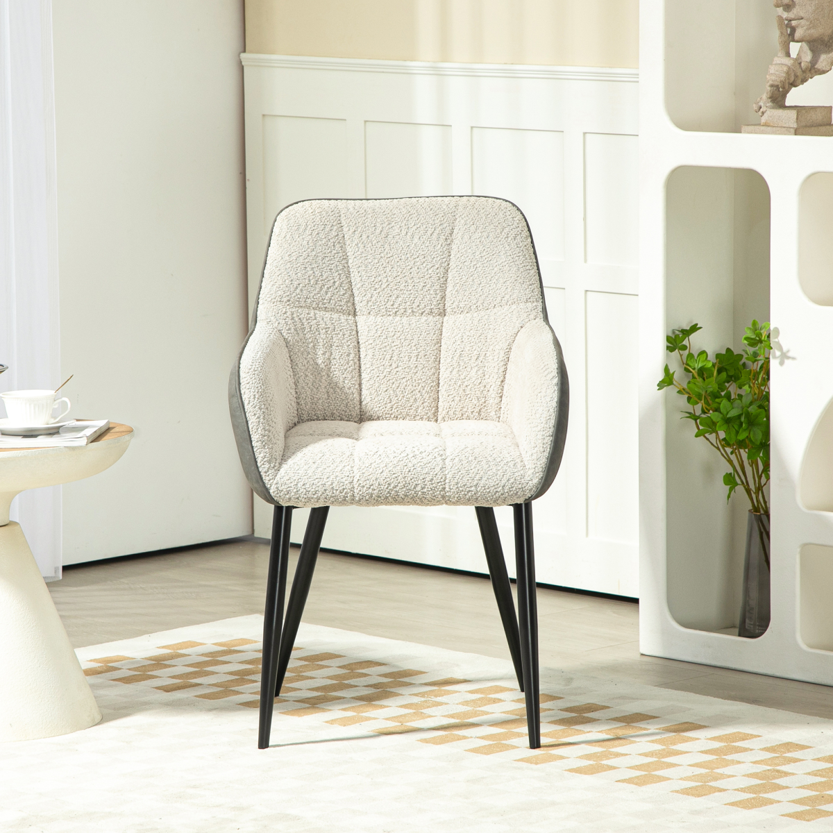 HOMCOM Accent Chair Compact Chenille For Living Room in cream plush fabric with black legs in a living room.
