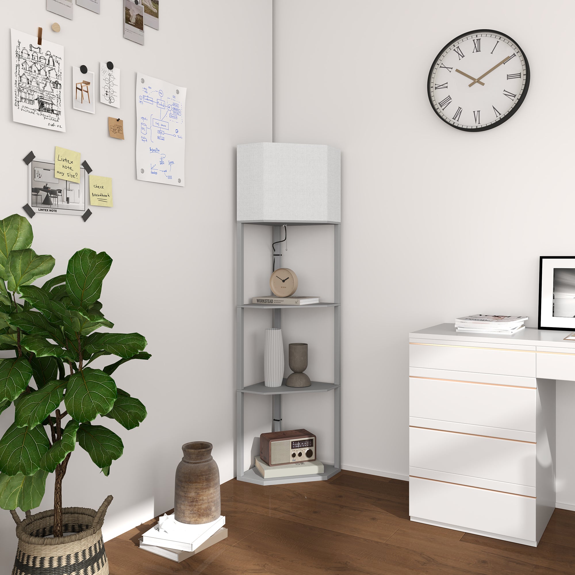 Brighten your space with the HOMCOM Corner Modern Floor Lamp with Shelves for Living Room, Bedroom, featuring stylish storage.