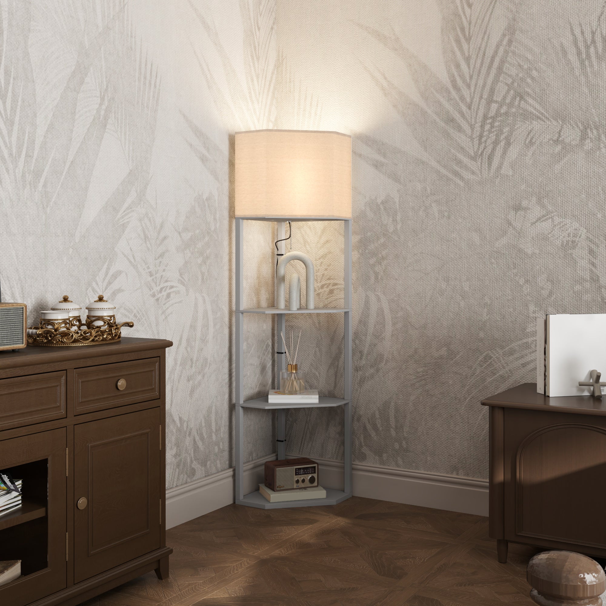 HOMCOM Corner Modern Floor Lamp with Shelves for Living Room, Bedroom enhances corner spaces with stylish lighting and storage.