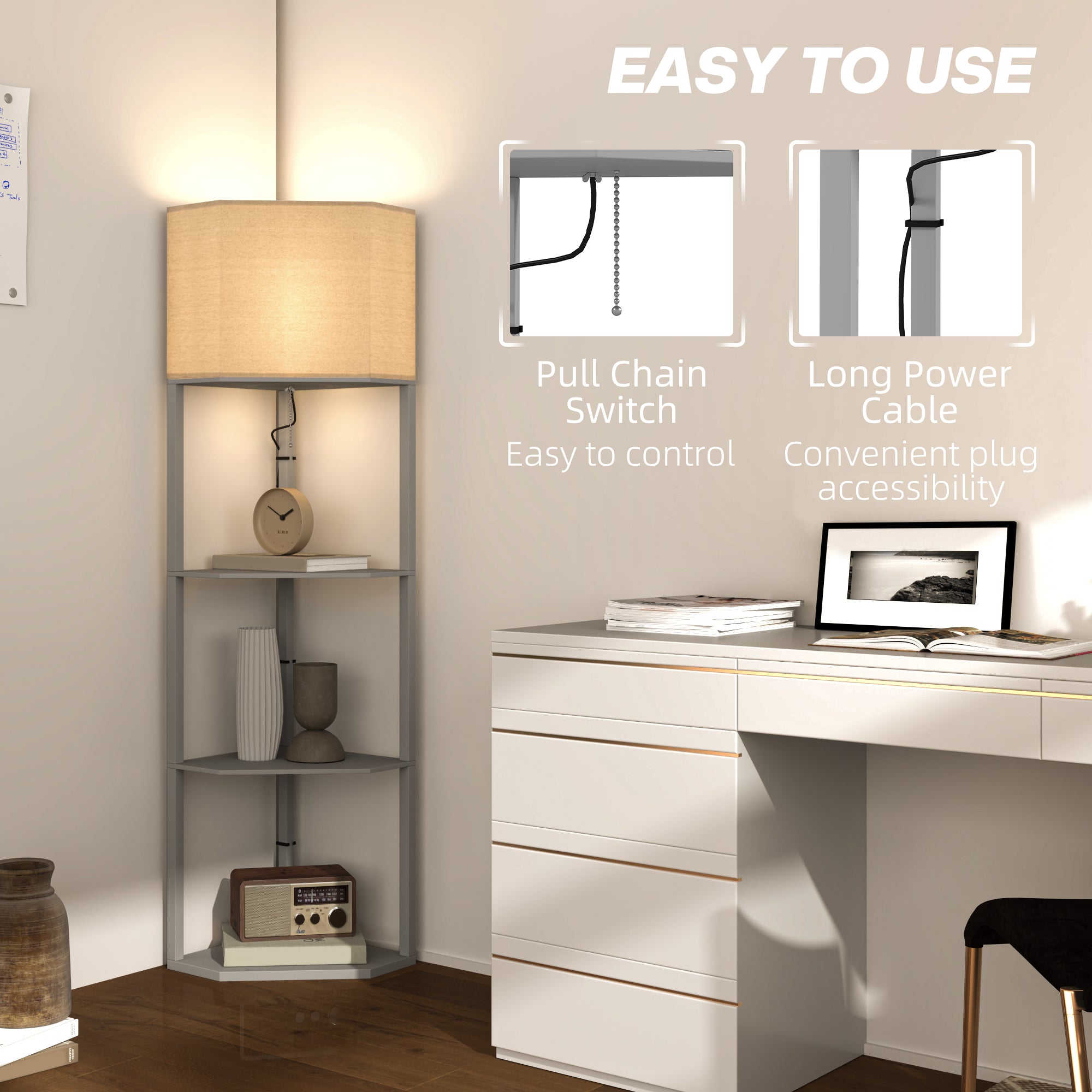 HOMCOM Corner Modern Floor Lamp with Shelves for Living Room, Bedroom adds style and functionality to any corner space.