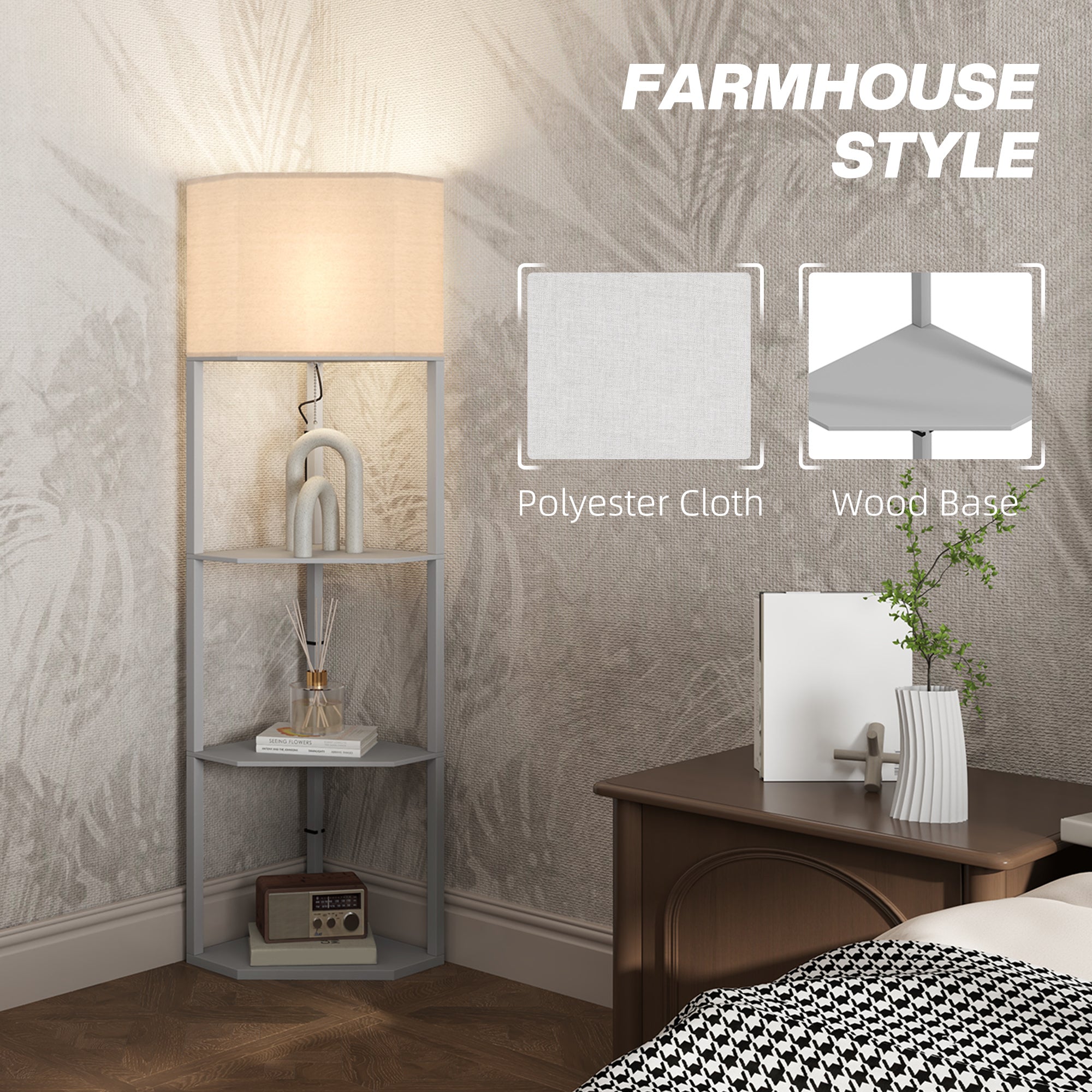 Enhance your space with the HOMCOM Corner Modern Floor Lamp with Shelves for Living Room, Bedroom, perfect for storage and style.