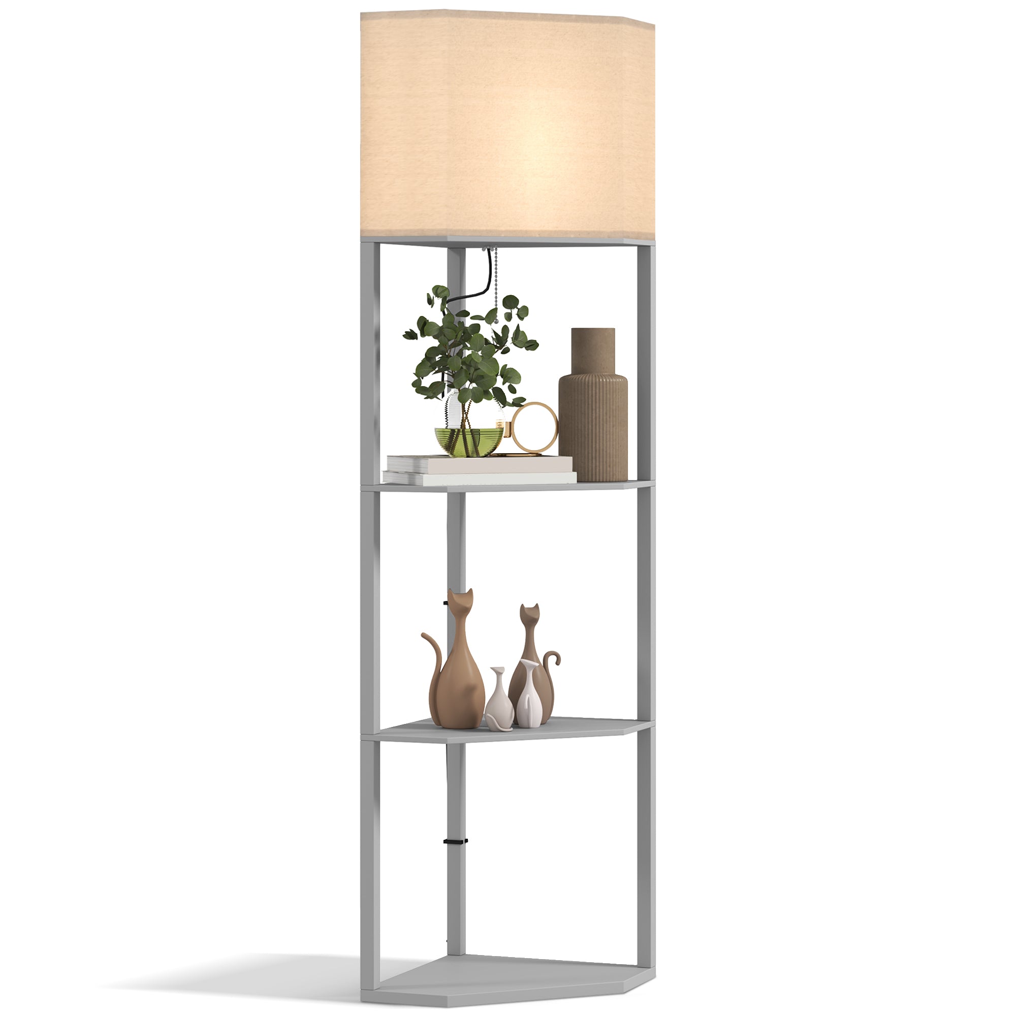 Brighten your space with the HOMCOM Corner Modern Floor Lamp with Shelves for Living Room, Bedroom, featuring stylish storage.
