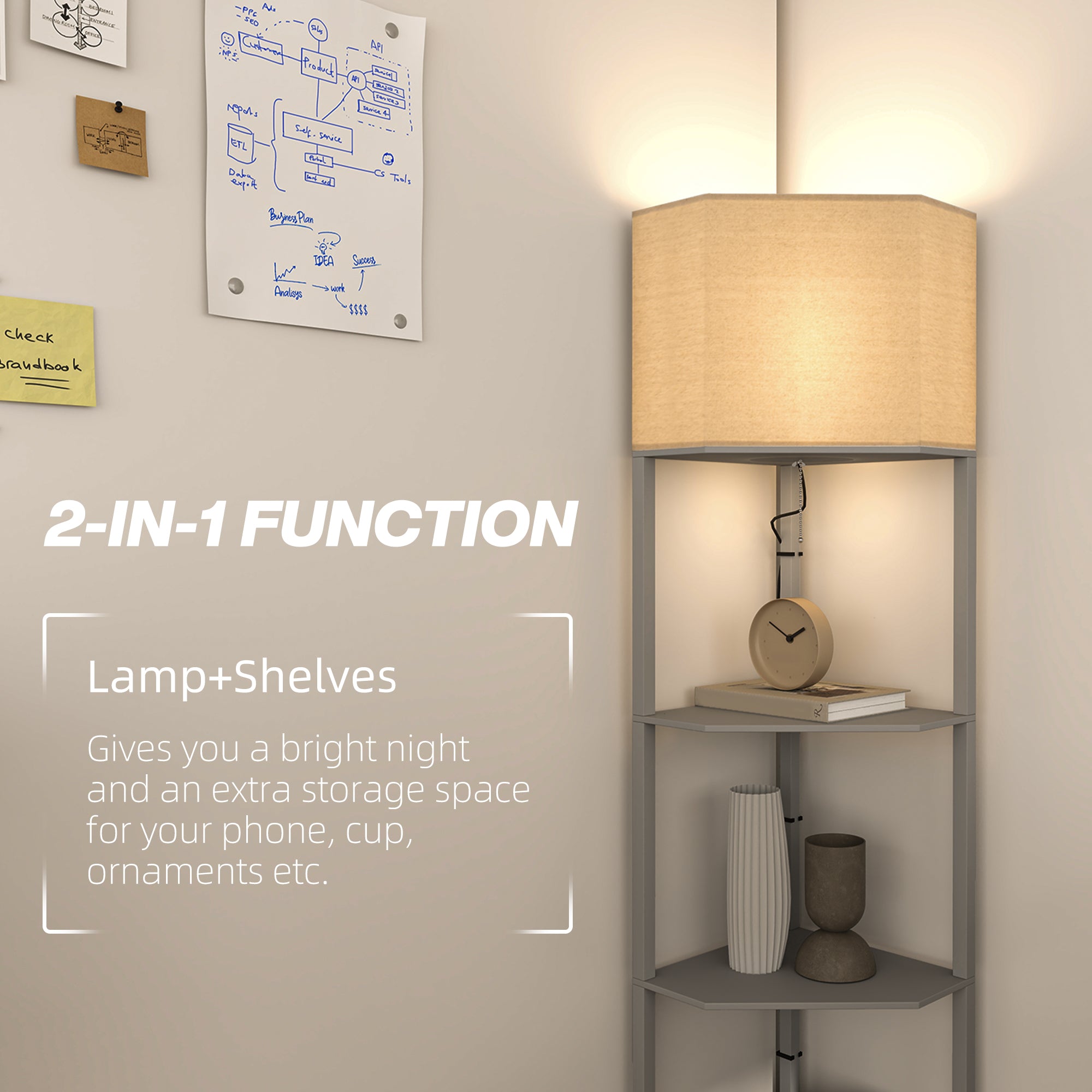 Illuminate your space with the HOMCOM Corner Modern Floor Lamp with Shelves for Living Room, Bedroom, featuring handy storage.