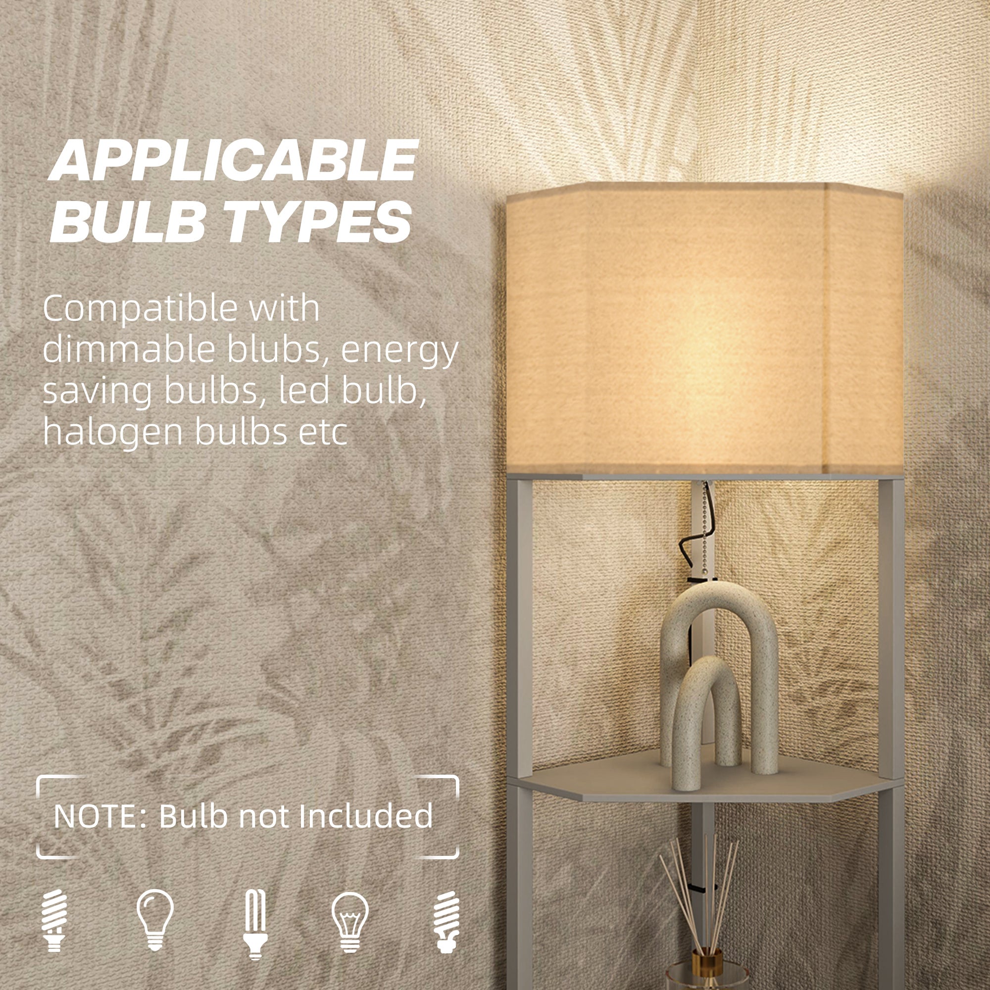 Illuminate your space with the HOMCOM Corner Modern Floor Lamp with Shelves for Living Room, Bedroom, perfect for storage.