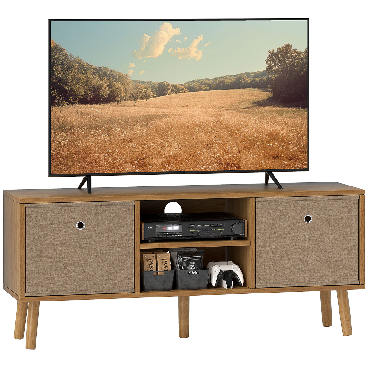 HOMCOM wooden TV cabinet with removable fabric drawers, open center shelf for media devices, top TV.