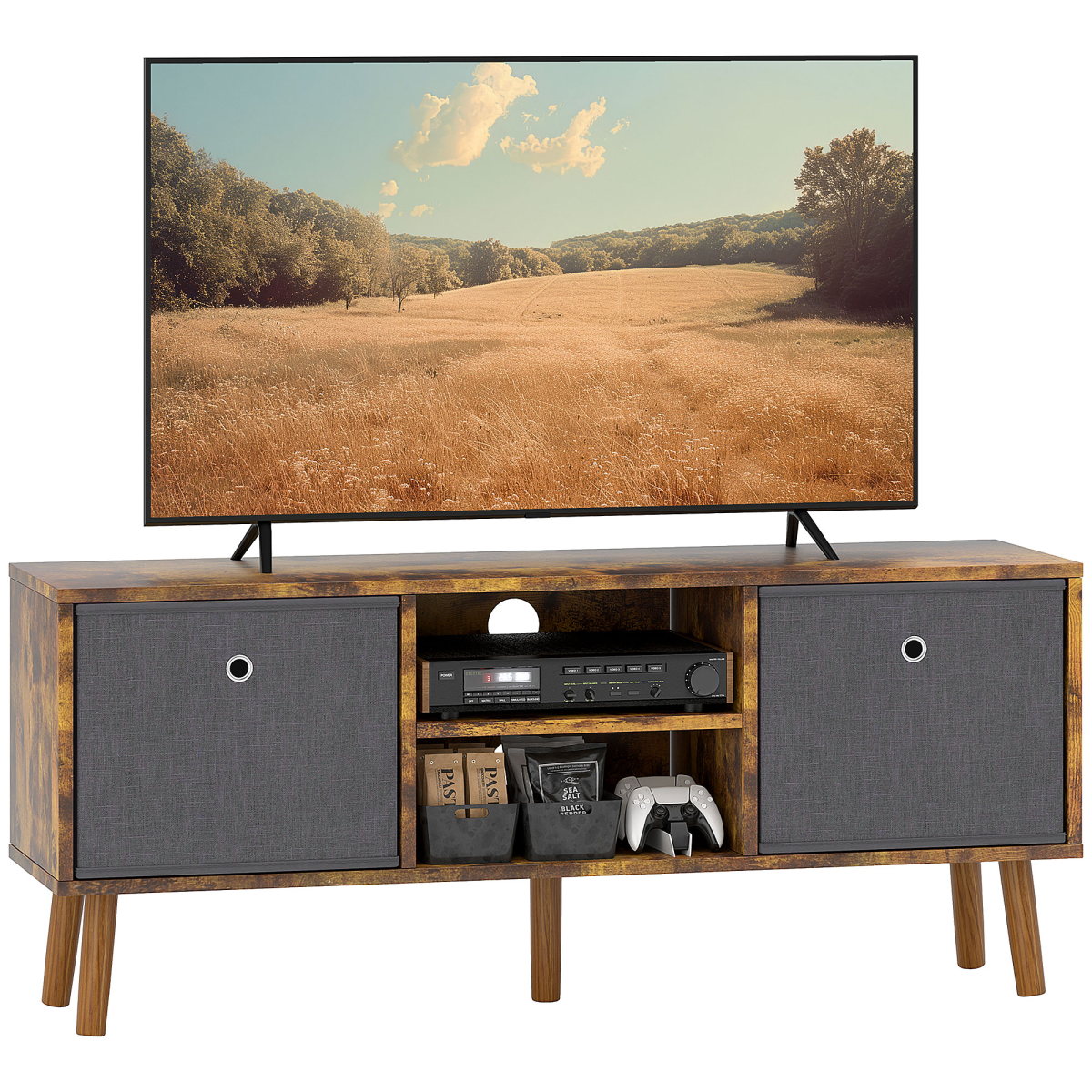 HOMCOM TV cabinet with removable fabric drawers for bedroom, central shelf, warm wood finish.