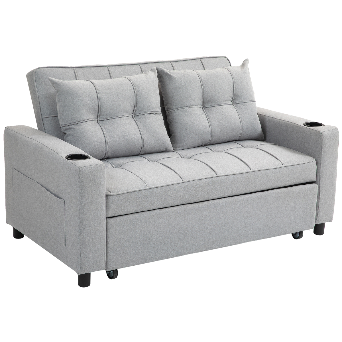 HOMCOM Two Seater Sofa Bed With Pockets For Living Room in light gray fabric with cup holders and tufted cushions.