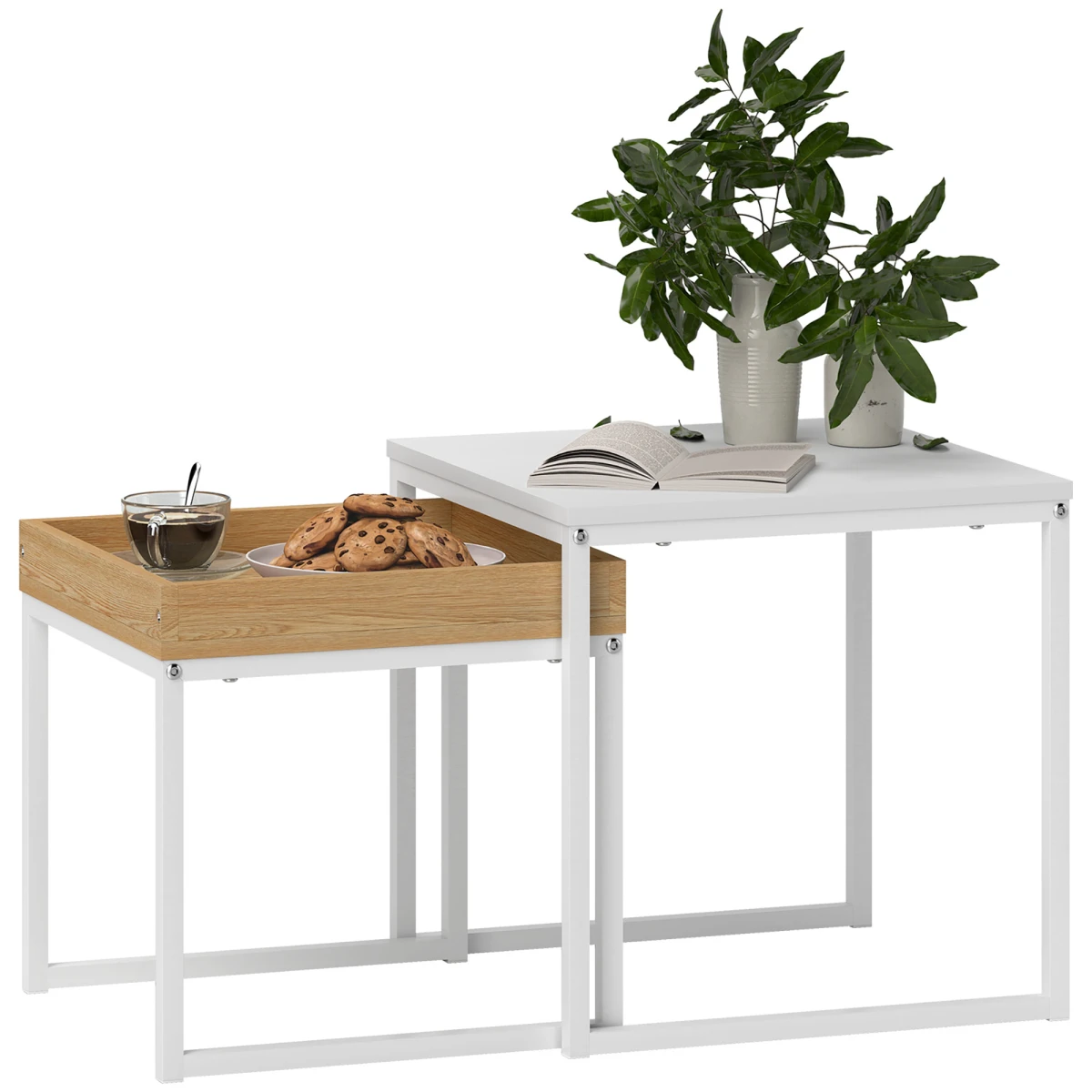 HOMCOM Nesting Coffee Tables Set Compact Square White And Wood For Small Space Living by HOMCOM