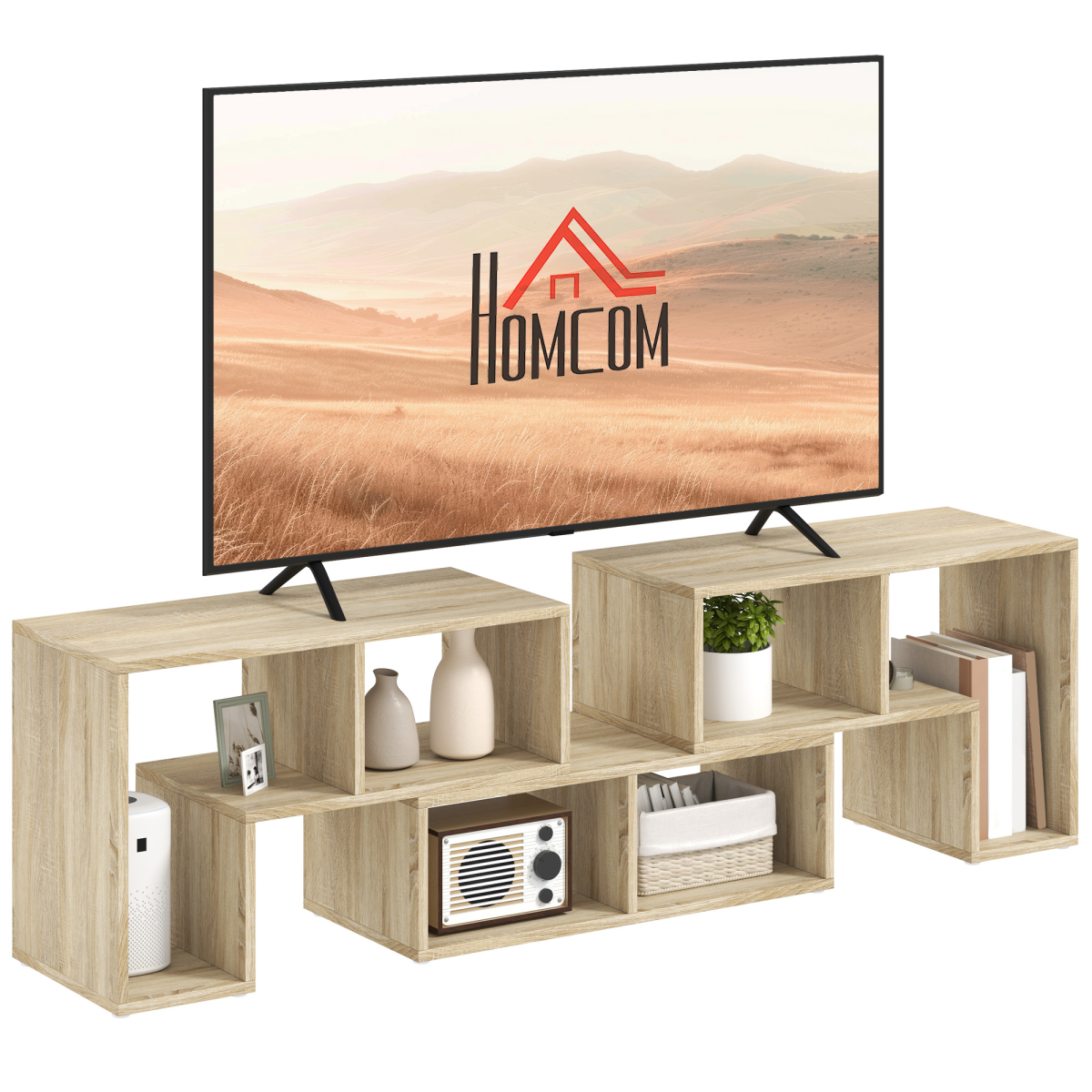 Extendable HOMCOM TV unit (134-180cm) with open shelves in light wood, TV mounted on top.