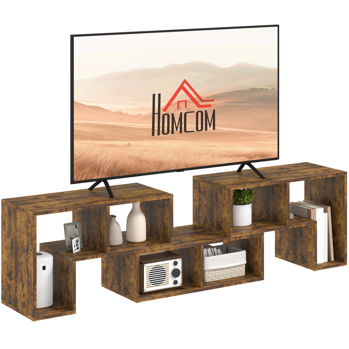 HOMCOM extendable TV unit 134-180cm with open shelves in rustic wood finish, TV on top.