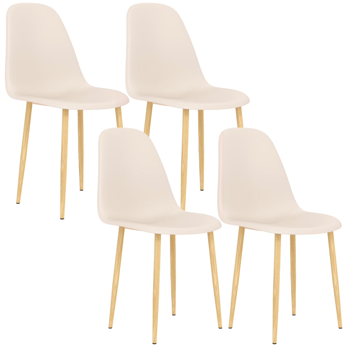 Set of four modern dining chairs with cream curved seats and natural wooden legs.