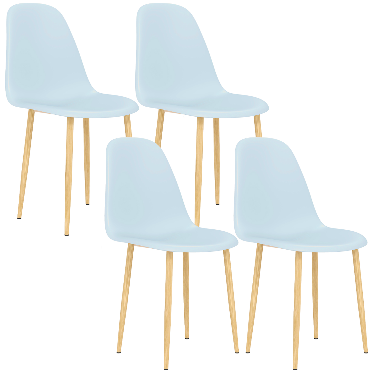 Four light-blue modern dining chairs with curved seats and natural wooden legs.