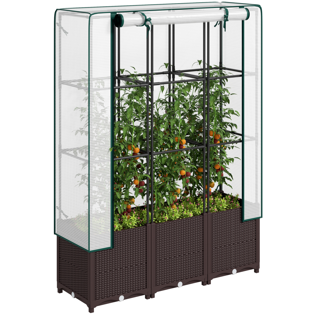 Outsunny plastic planter with trellis, protective cover, freestanding garden unit, 80x40x140 cm, tomatoes thriving.