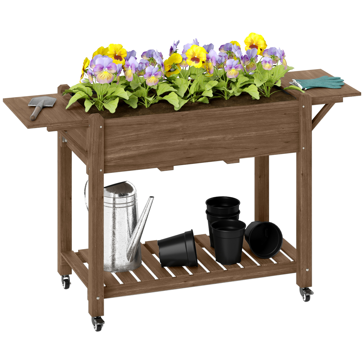 Outsunny wooden raised planter with lockable wheels, two foldable side tables, bottom shelf, filled with flowers.