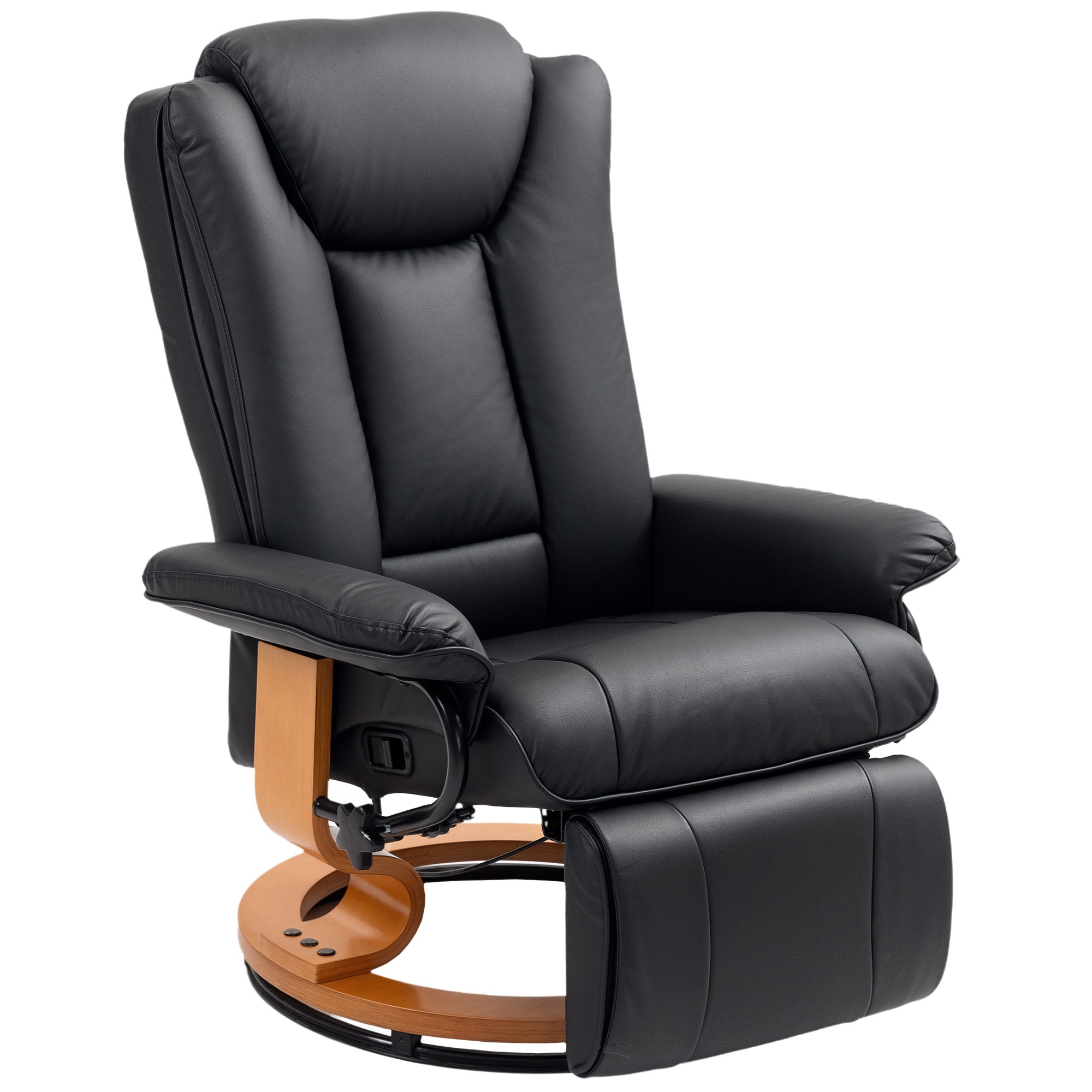 HOMCOM Reclining Armchair 135Degree Footrest LivingRoom – black leather with 360° swivel wooden base.