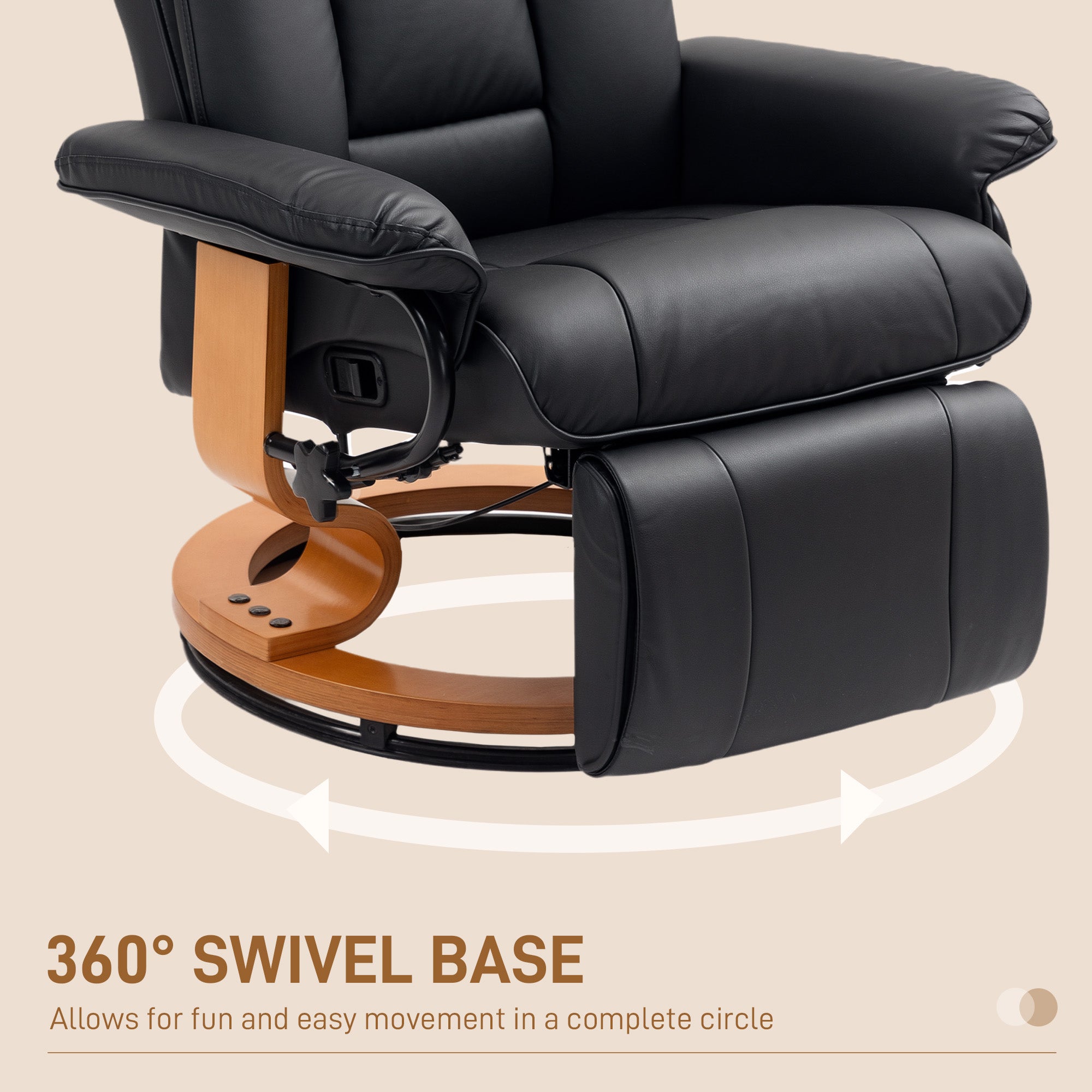 HOMCOM Reclining Armchair 135Degree Footrest LivingRoom: black leather recliner with 360° swivel wooden base.