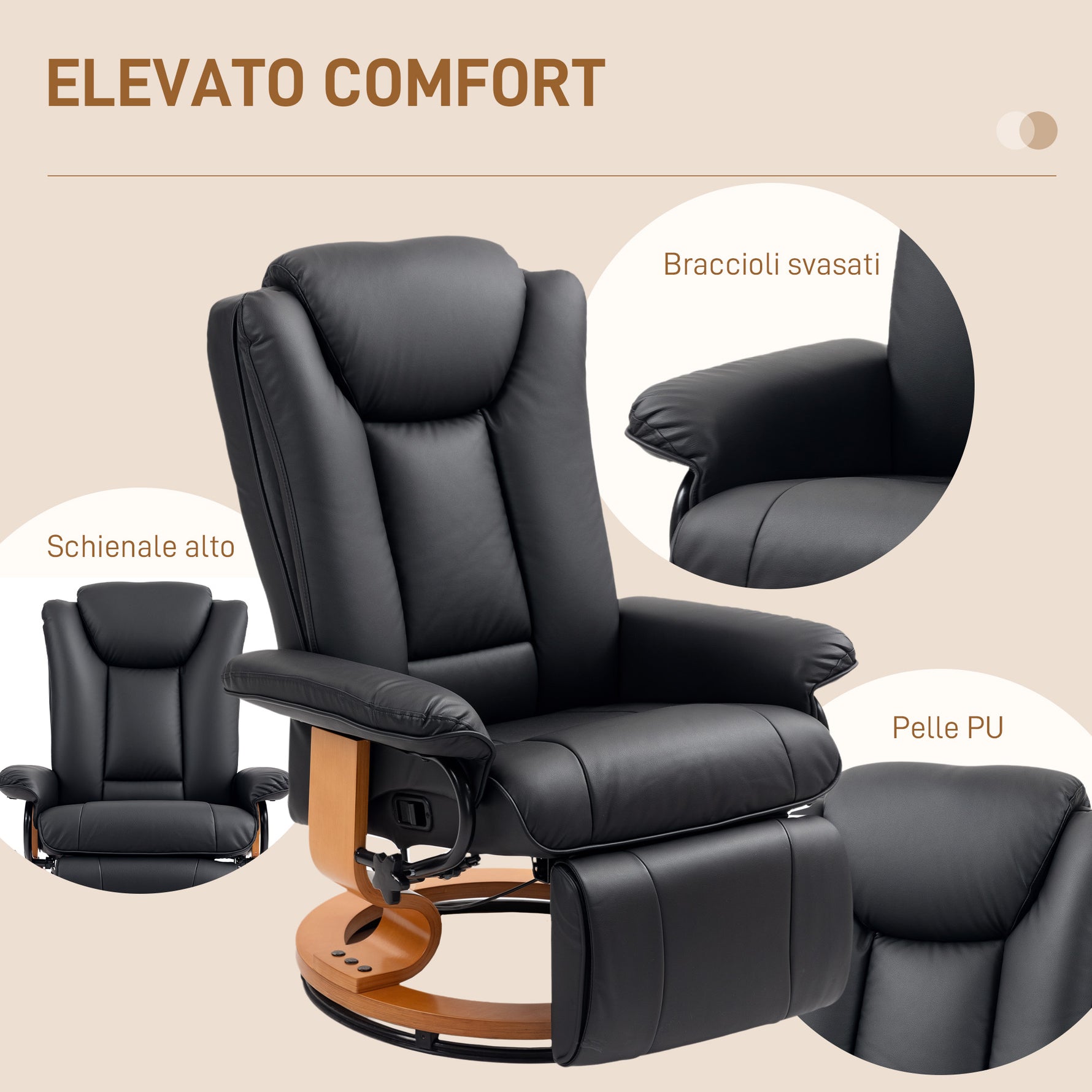 HOMCOM Reclining Armchair 135Degree Footrest LivingRoom by Elevato Comfort, black PU leather 360° swivel
