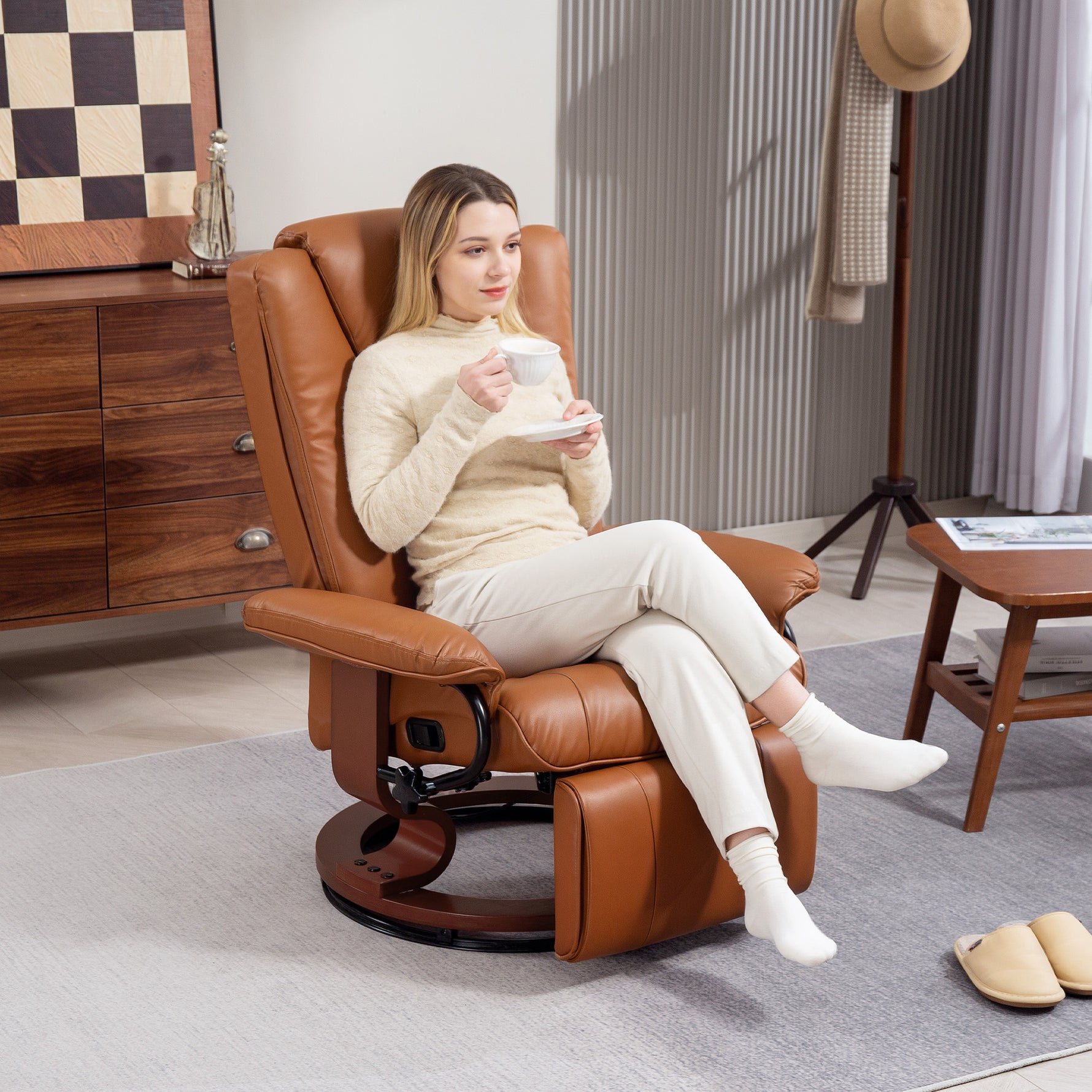 HOMCOM Reclining Armchair 135Degree Footrest LivingRoom - a woman relaxing in brown leather recliner with swivel base.