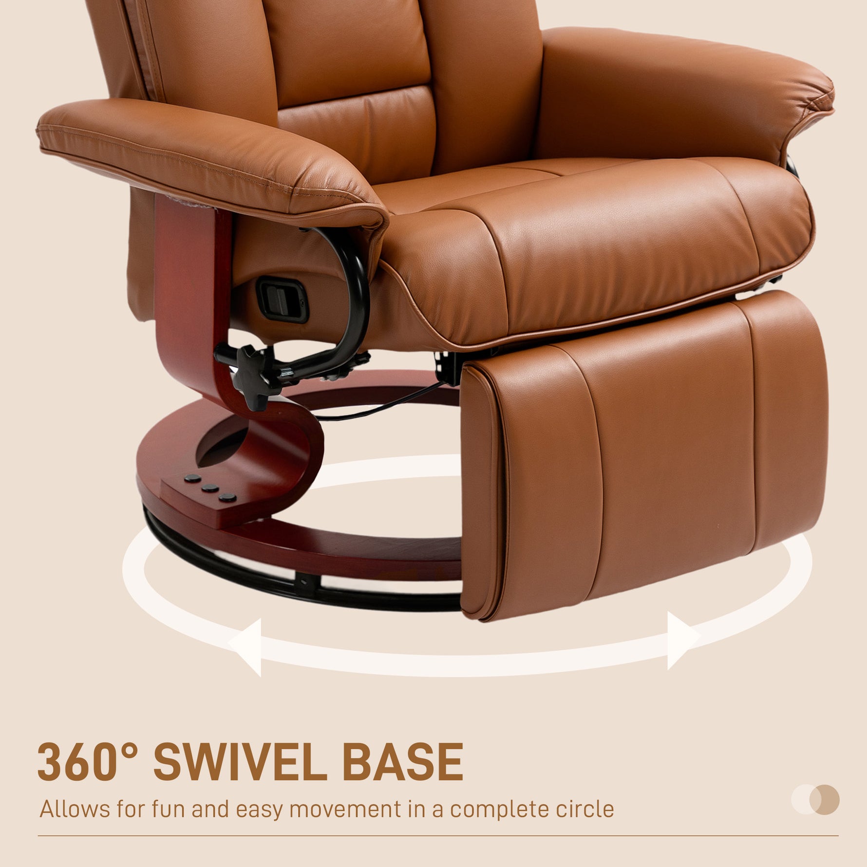 HOMCOM Reclining Armchair 135Degree Footrest LivingRoom in brown leather with a built-in footrest and 360° swivel base.