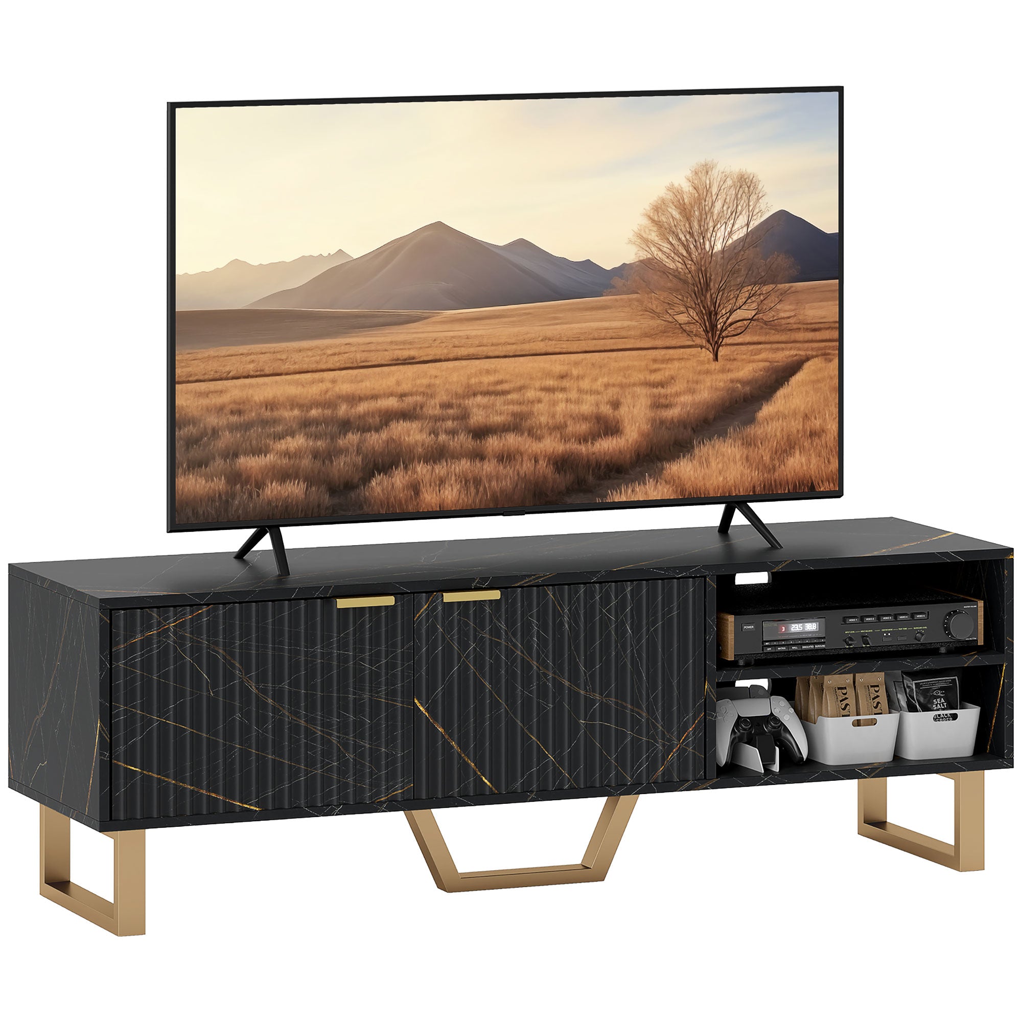 Stylish TV stand with marble-pattern top, black fluted doors, and gold metal legs, TV on top.