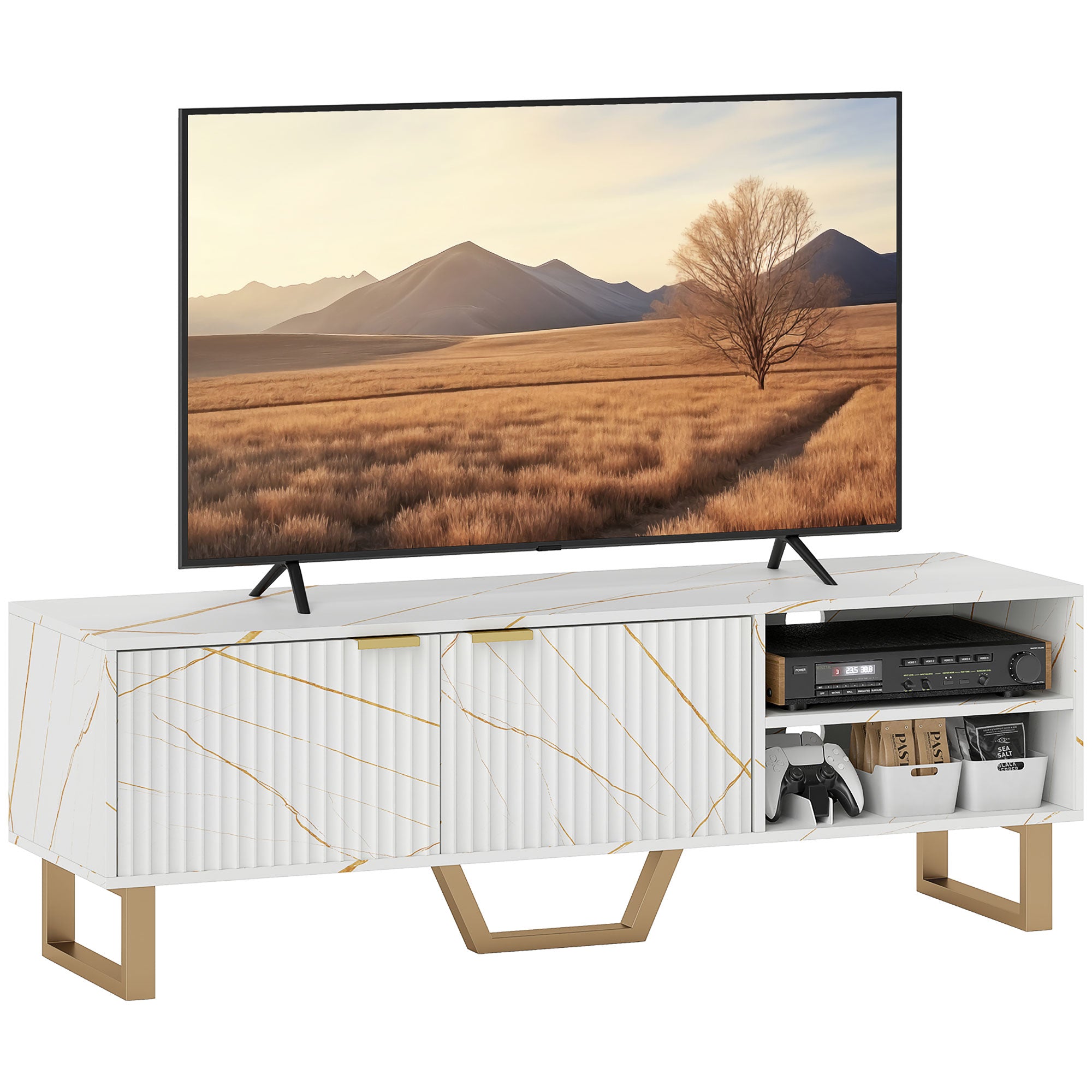 Stylish TV stand with marble-pattern top, large white fluted doors, and gold legs, open media shelf.