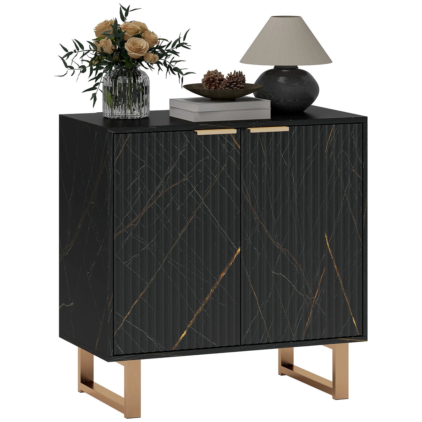 HOMCOM HOMCOM Compact Storage Cabinet With Gold Accents And Ridged Doors For Living Room - Office Storage