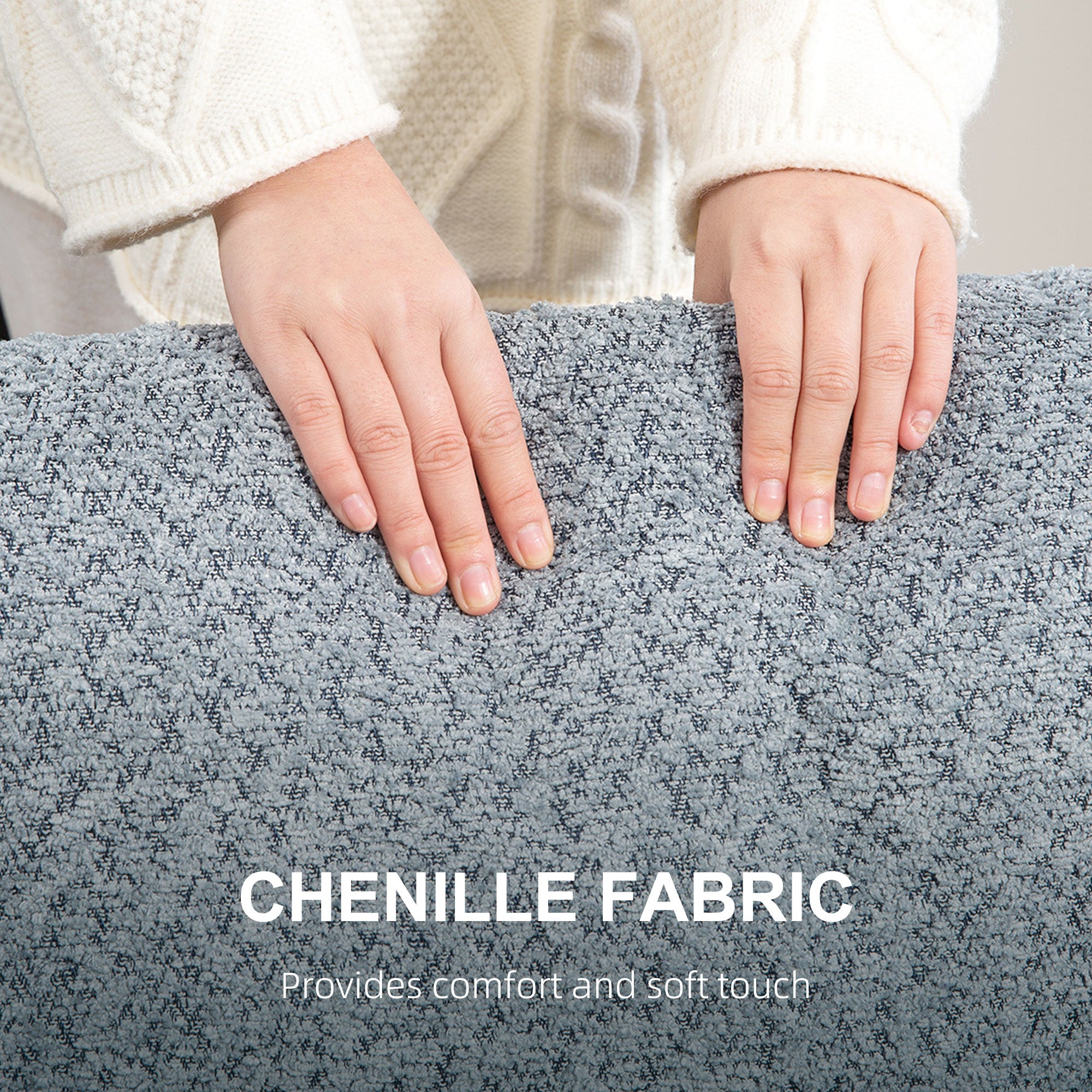 Homcom Chenille Loveseat 138 cm S Springs For Small Rooms - hands on blue-grey chenille fabric close-up