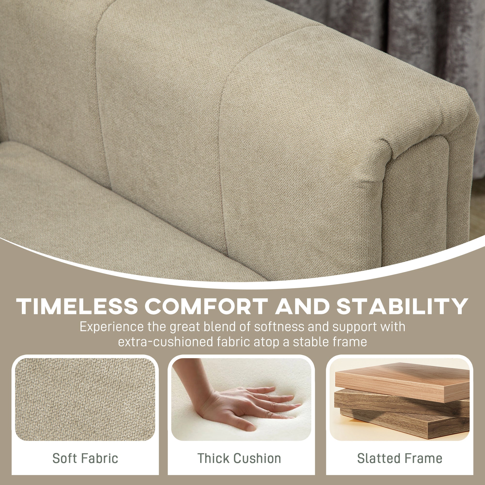 HOMCOM Three Seater Sofa Full Size Channel Tufted For Home with soft linen-look fabric and thick padding