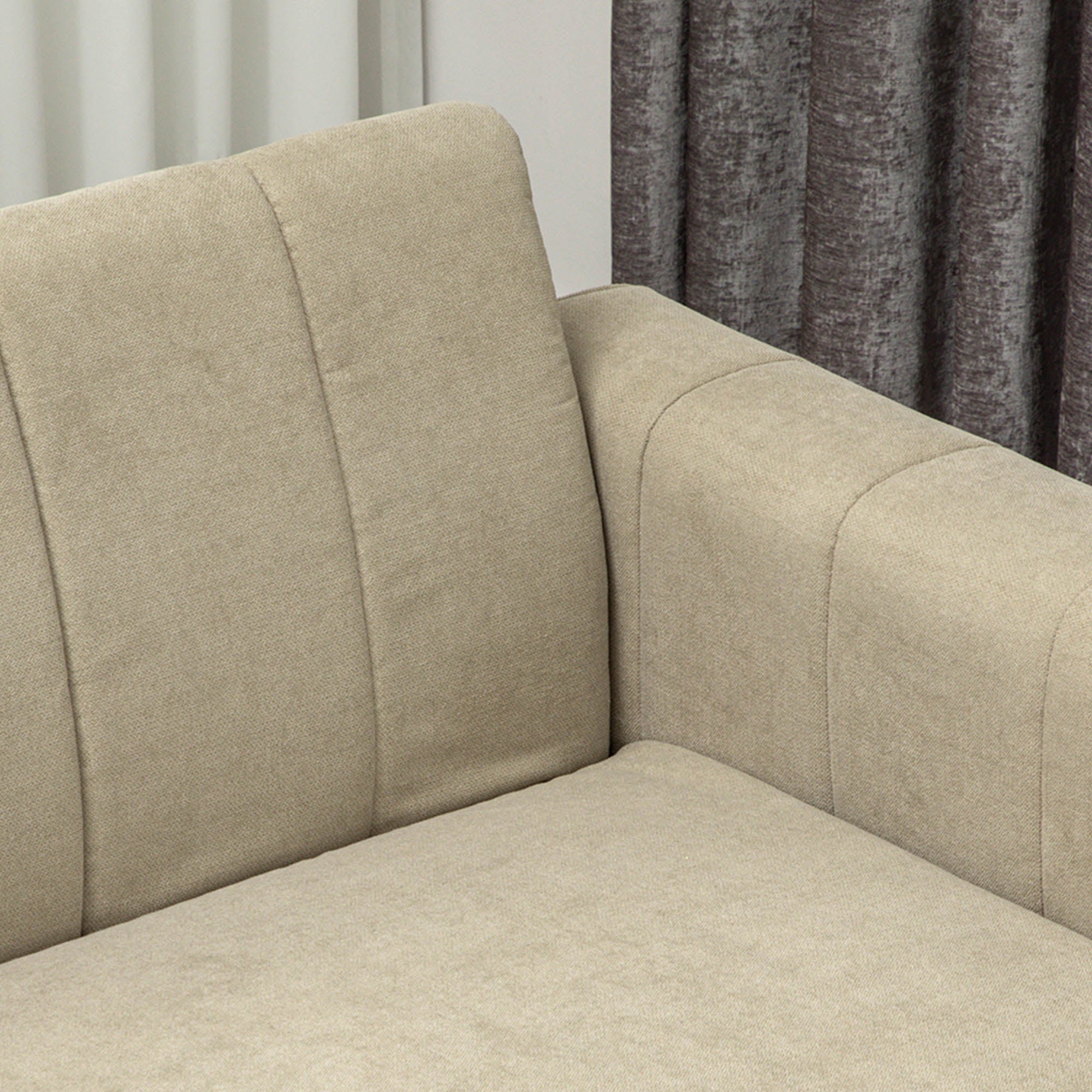 HOMCOM Three Seater Sofa Full Size Channel Tufted For Home - beige linen-look upholstery, tufted back and padded arms.