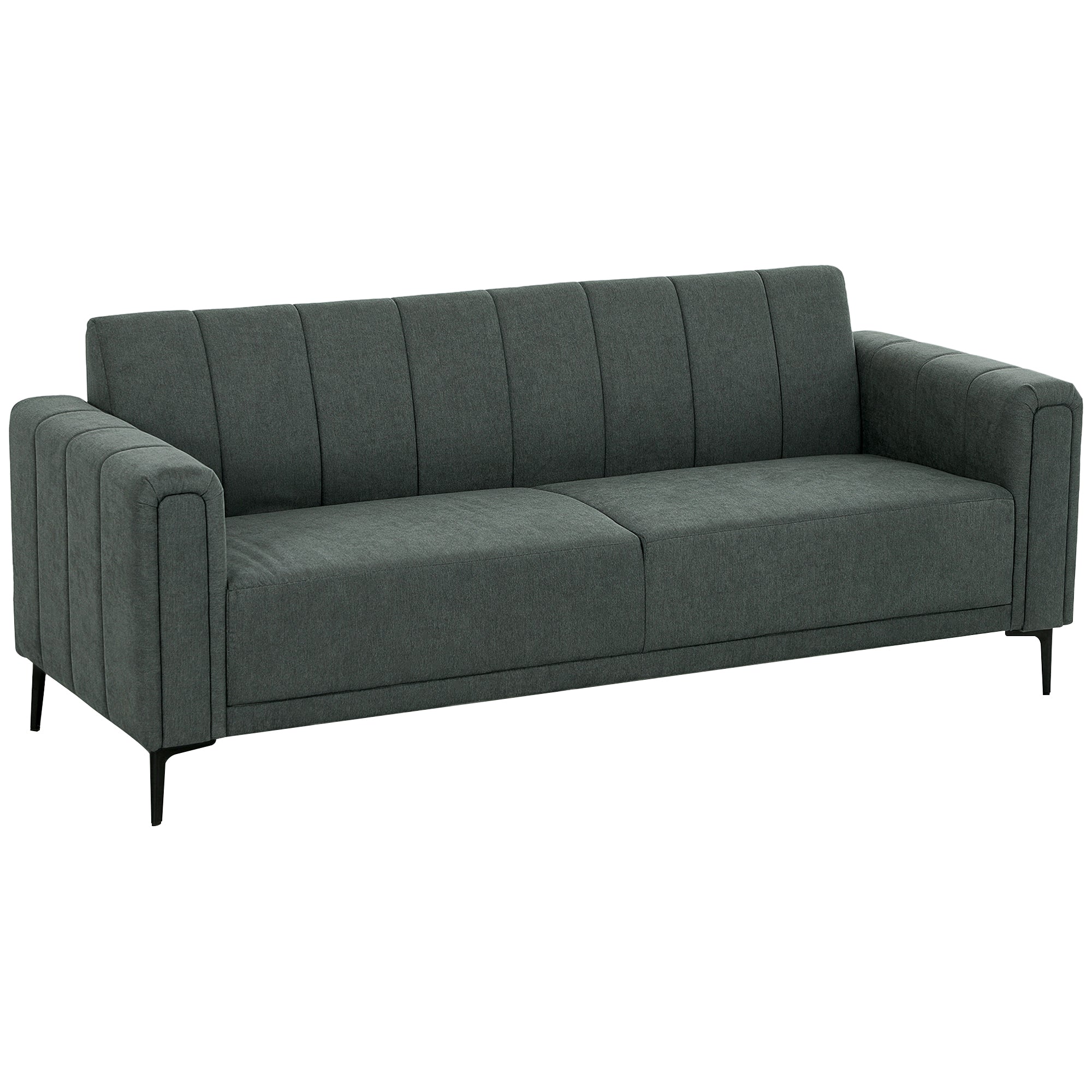 HOMCOM Three Seater Sofa Full Size Channel Tufted For Home with dark linen-look upholstery and slim legs.