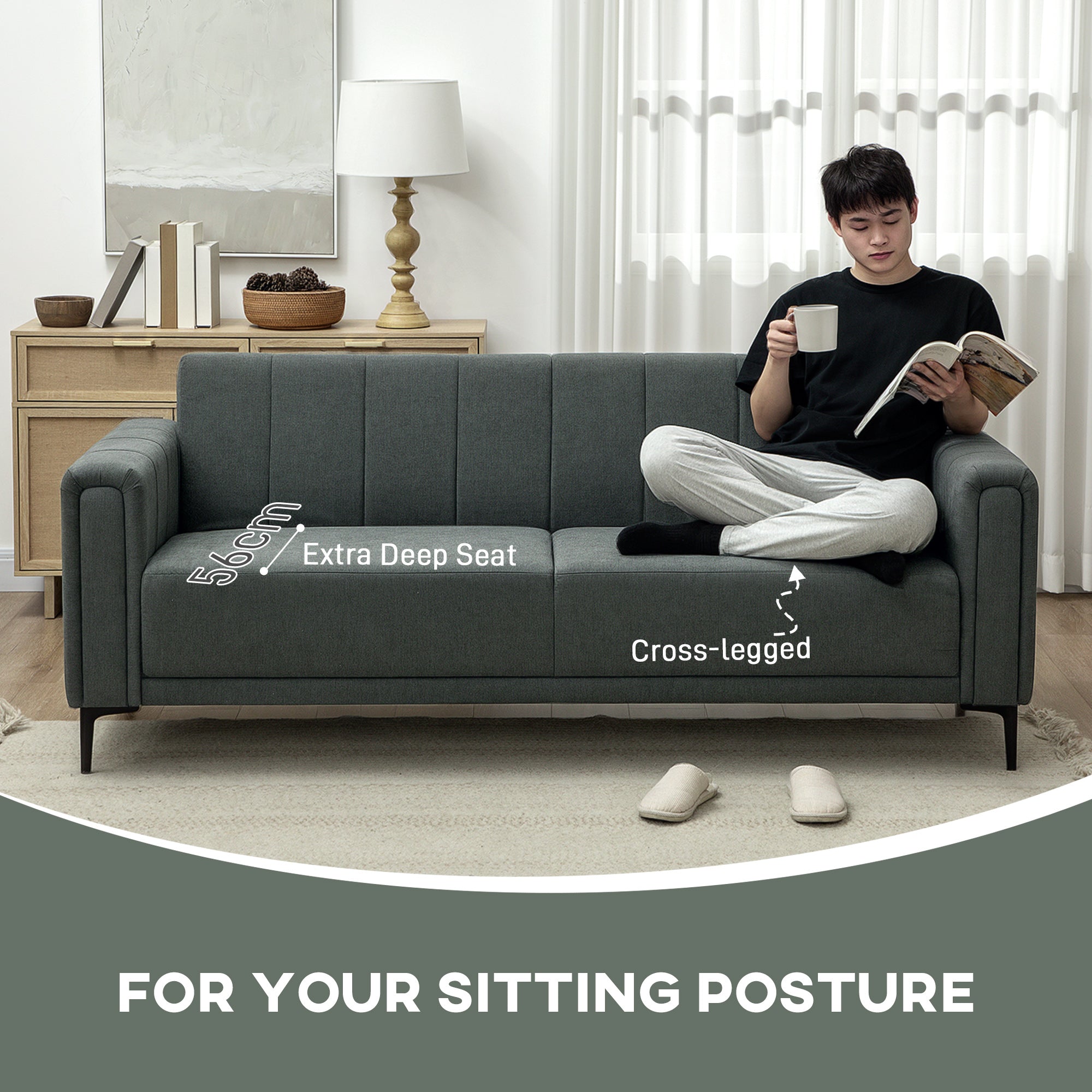 HOMCOM Three Seater Sofa Full Size Channel Tufted For Home in a cozy living room with a man reading.