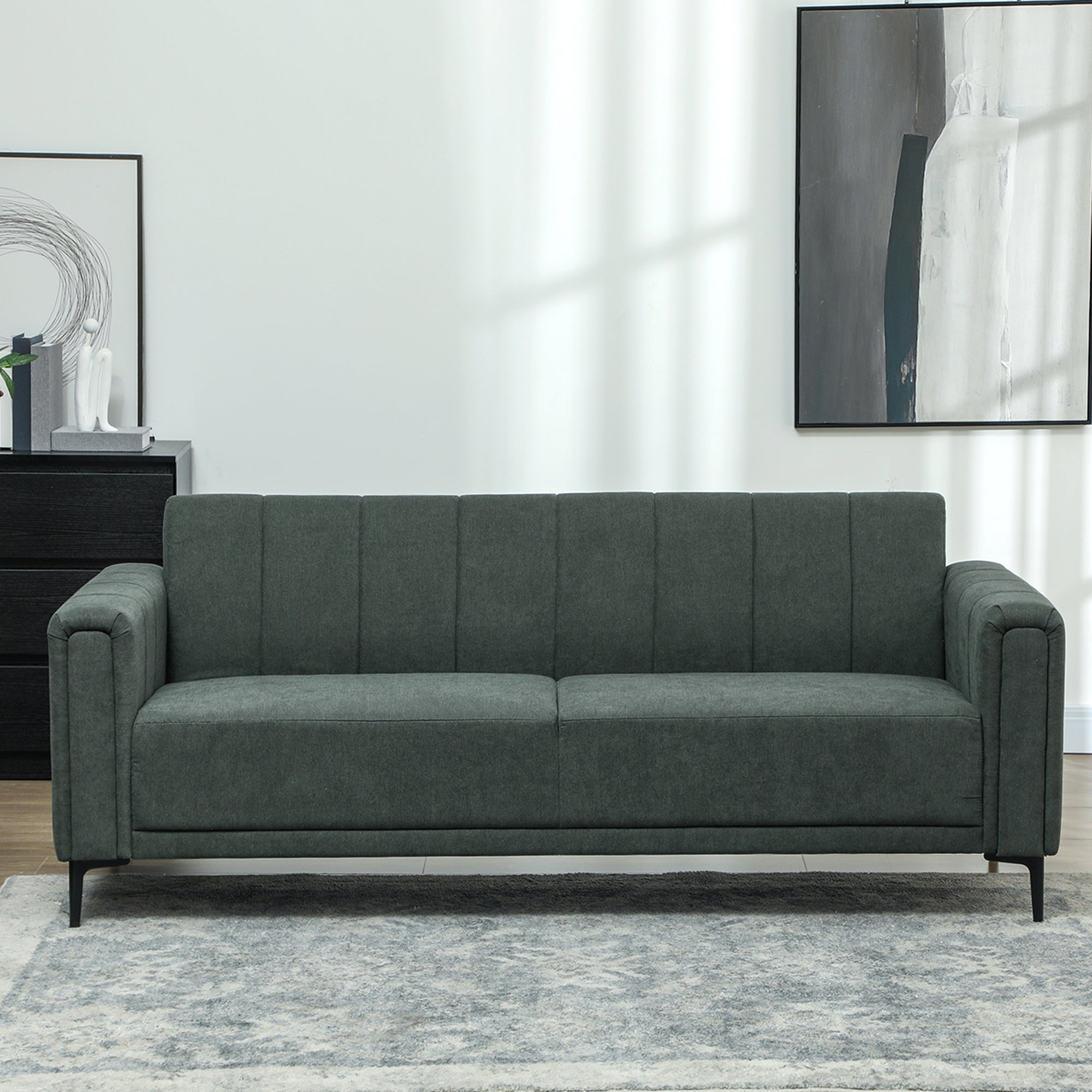 HOMCOM Three Seater Sofa Full Size Channel Tufted For Home in dark green fabric, modern living room sofa