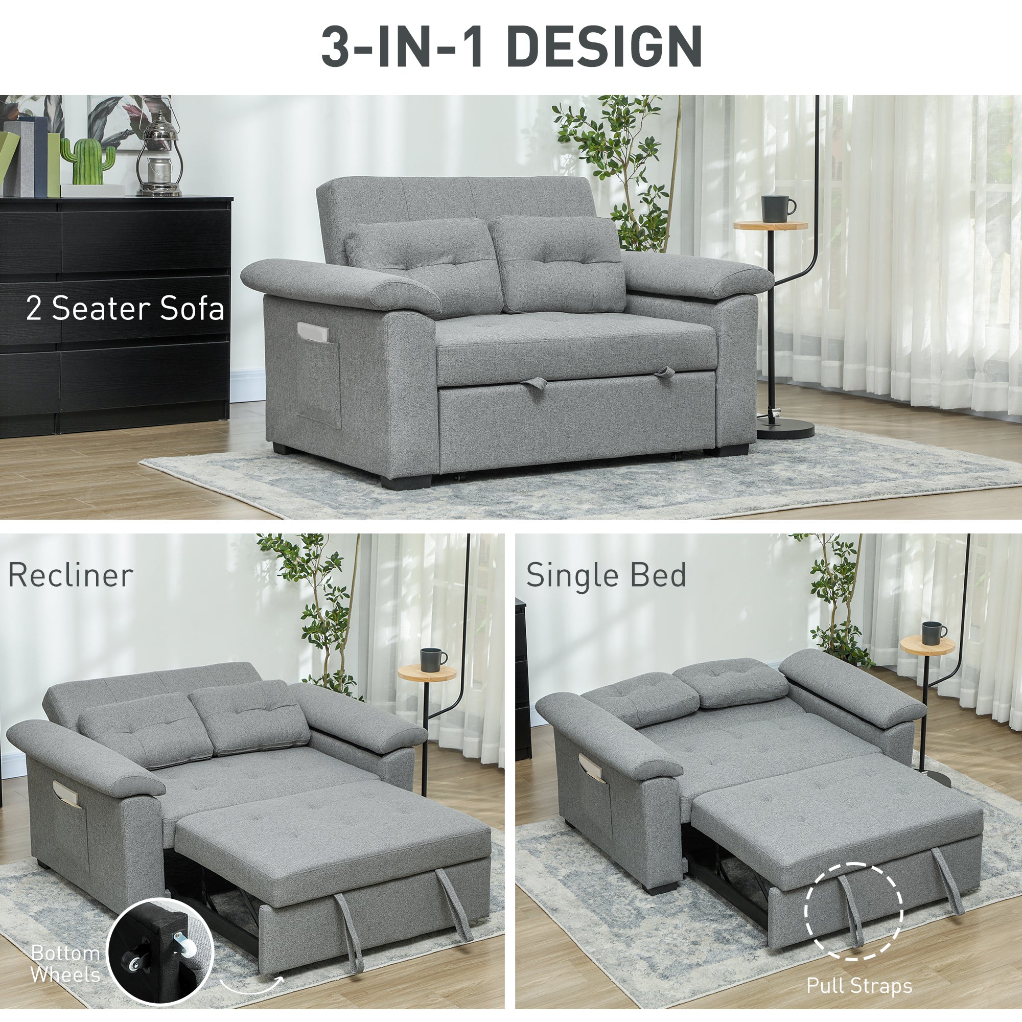 Homcom Sofa Bed Two Seater Click Clack For Living Room: dark grey fabric 3-in-1 sofa bed.