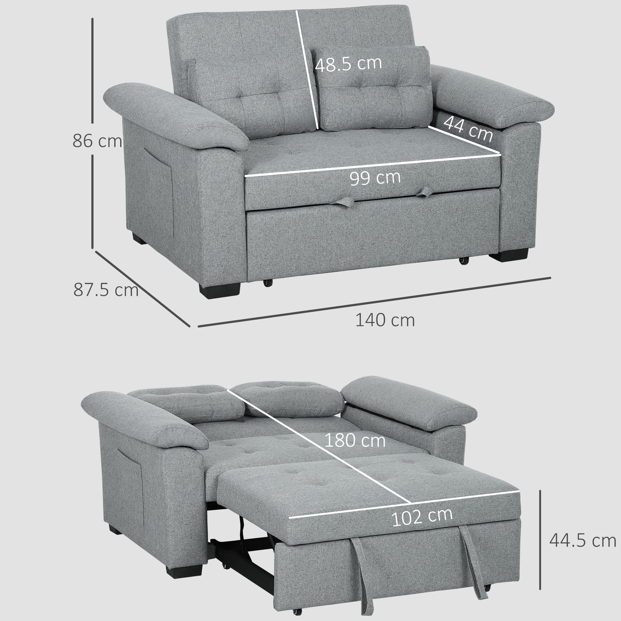 Homcom Sofa Bed Two Seater Click Clack For Living Room in dark grey fabric; 3-in-1 seating, reclining, sleeping.