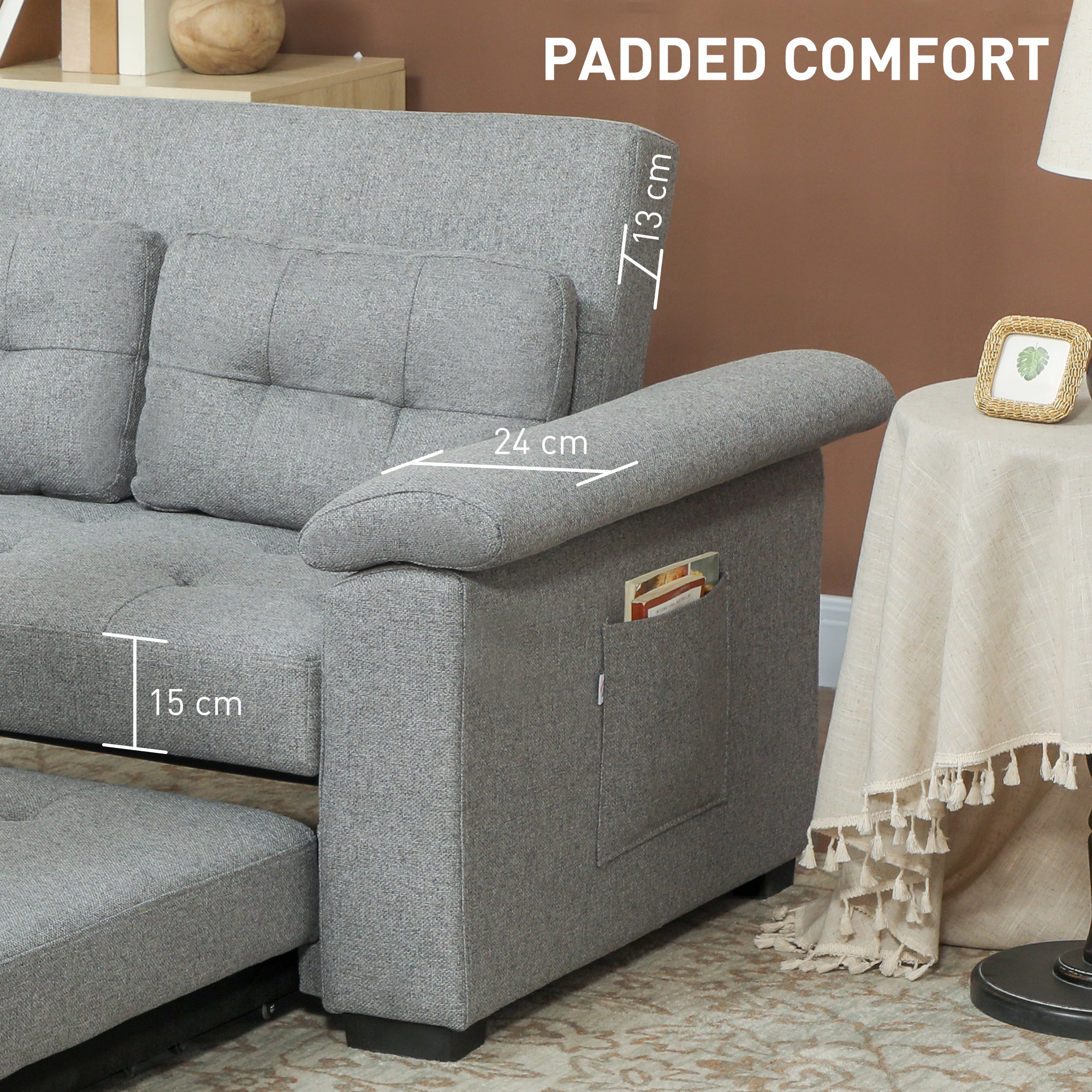 Homcom Sofa Bed Two Seater Click Clack For Living Room in dark grey fabric with side pocket