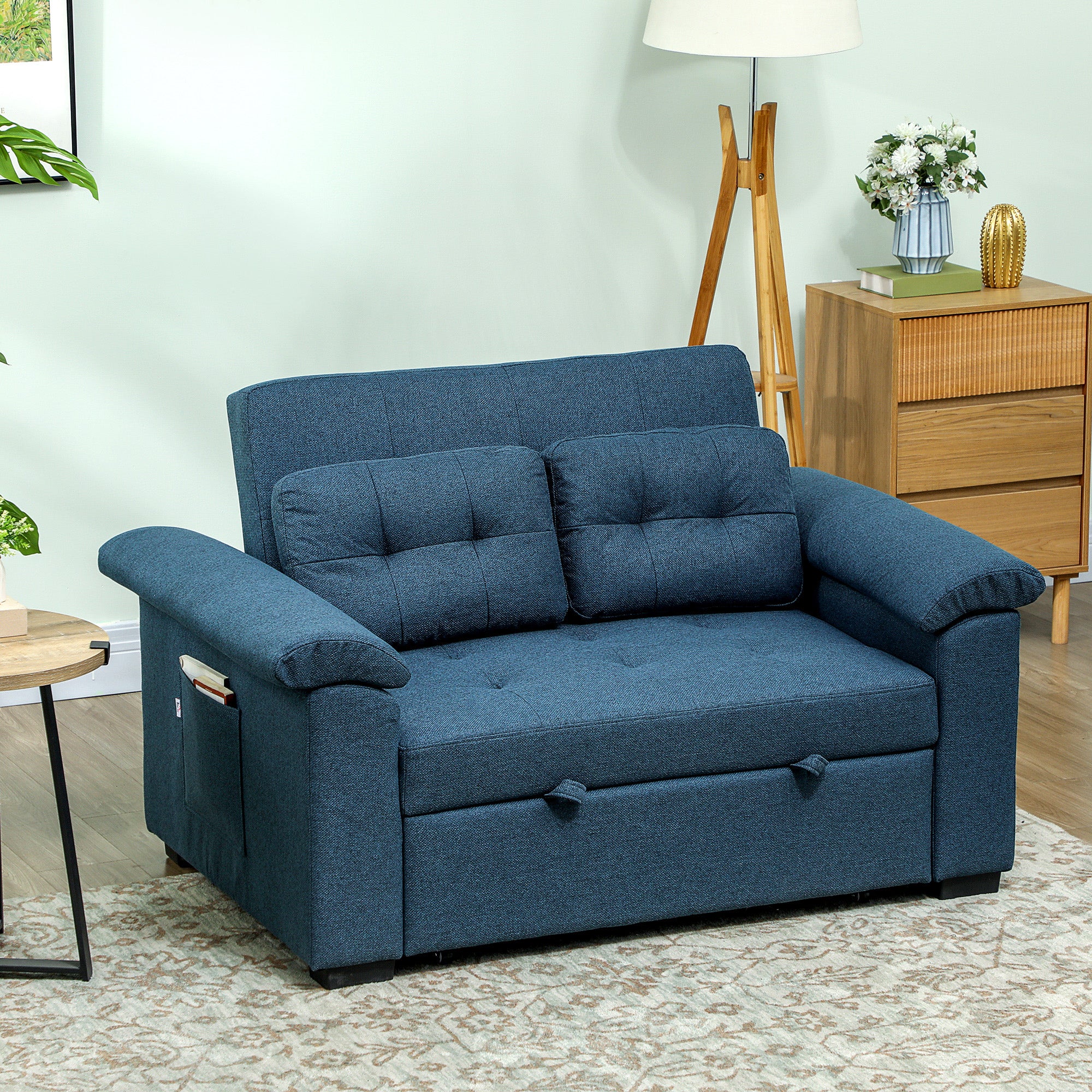 Homcom Sofa Bed Two Seater Click Clack For Living Room in dark grey fabric sofa bed with side pocket.