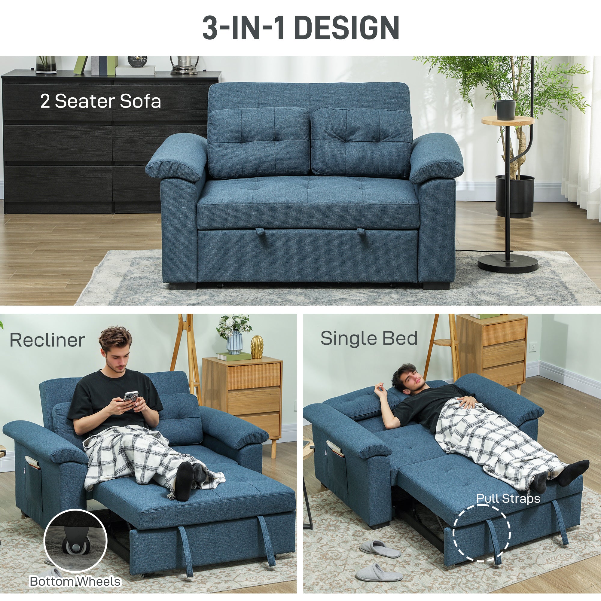 Homcom Sofa Bed Two Seater Click Clack For Living Room in blue fabric; 3-in-1 with recliner and sleeping option