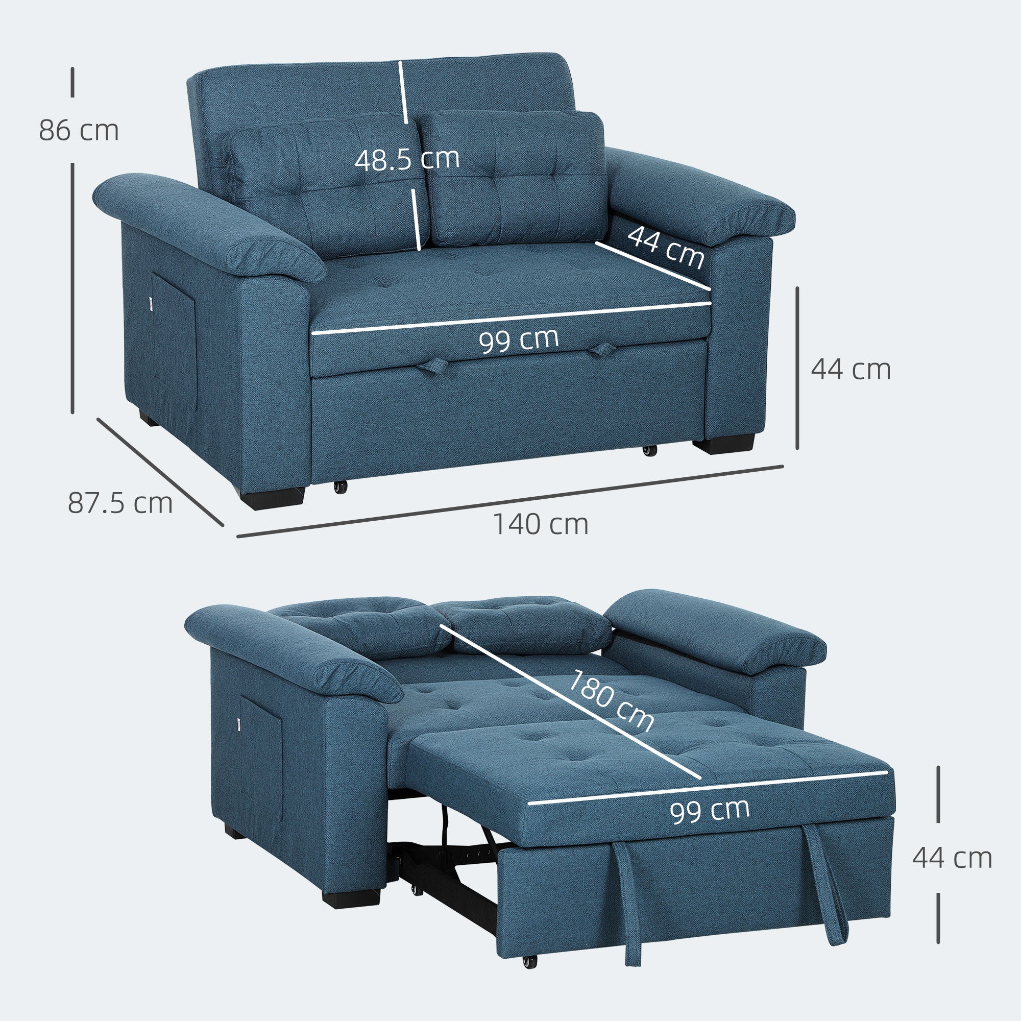 Homcom Sofa Bed Two Seater Click Clack For Living Room in dark grey fabric, a 3-in-1 sofa with bed extension.