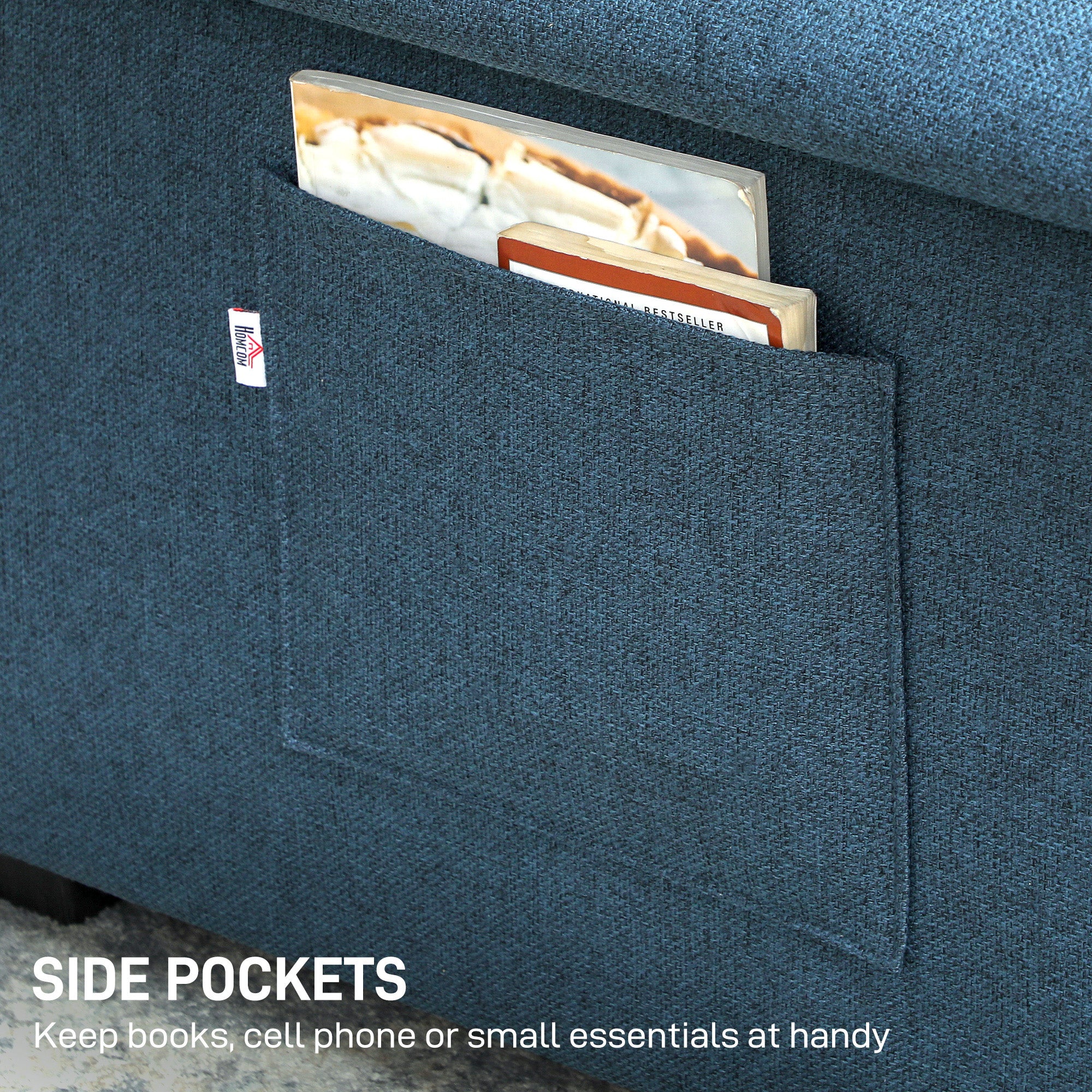 Homcom Sofa Bed Two Seater Click Clack For Living Room with side pockets on dark grey fabric sofa.