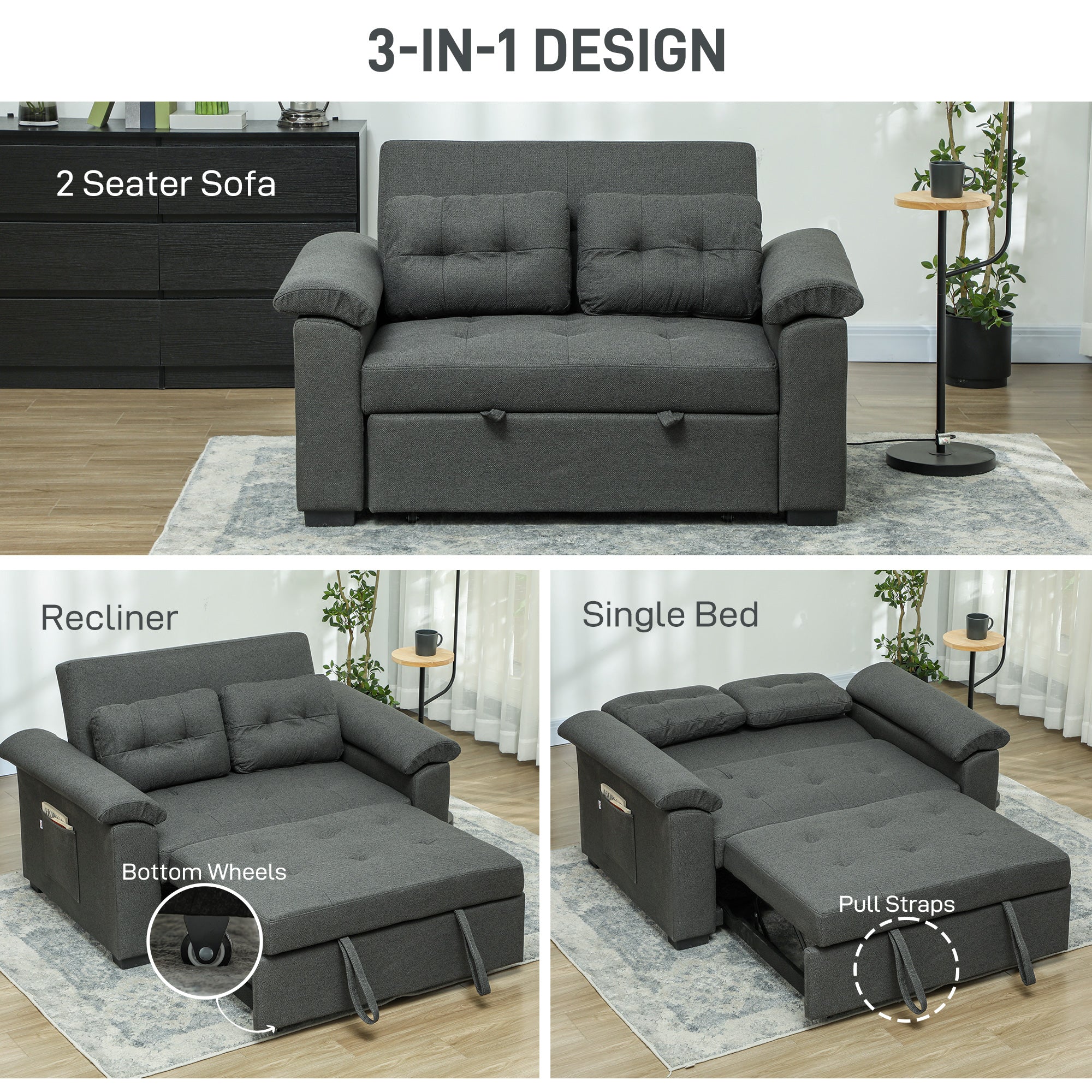 Homcom Sofa Bed Two Seater Click Clack For Living Room in dark grey fabric, 3-in-1 sofa bed.