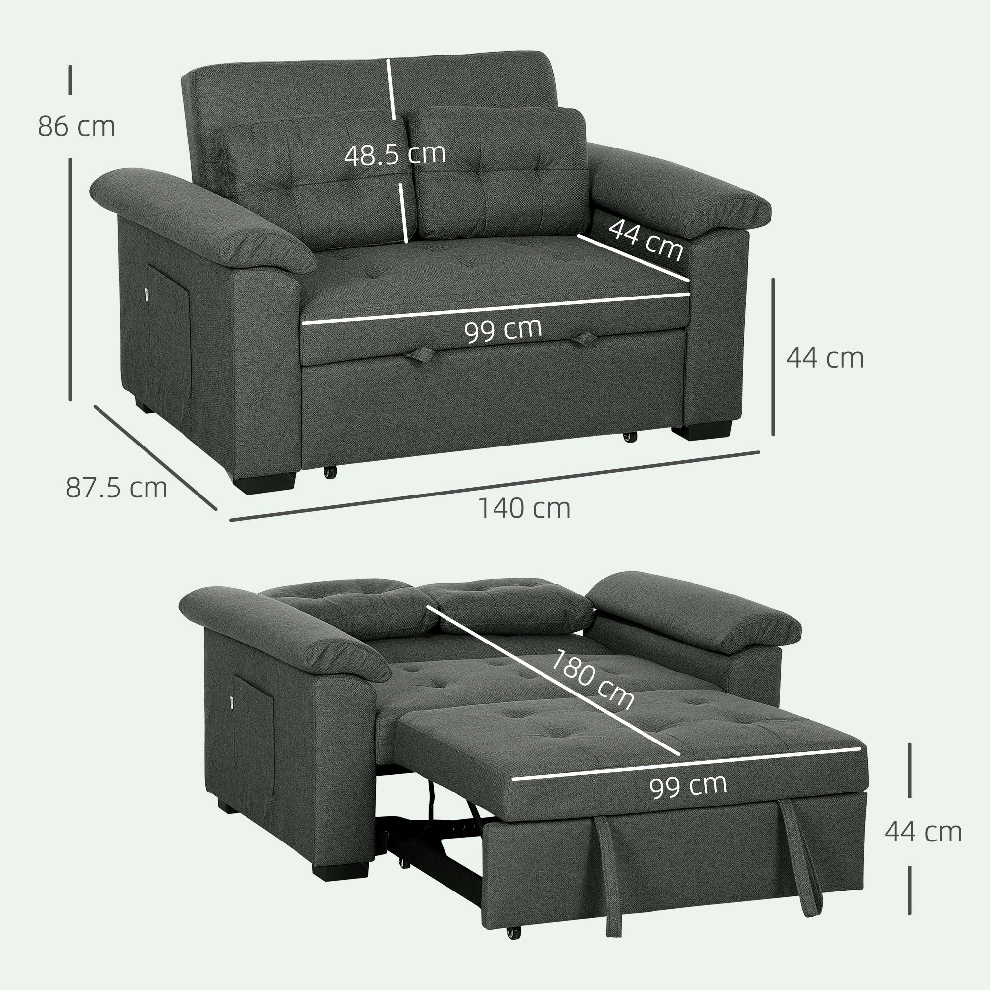 Homcom Sofa Bed Two Seater Click Clack For Living Room in dark grey fabric with 3-in-1 seating, reclining and sleeping.