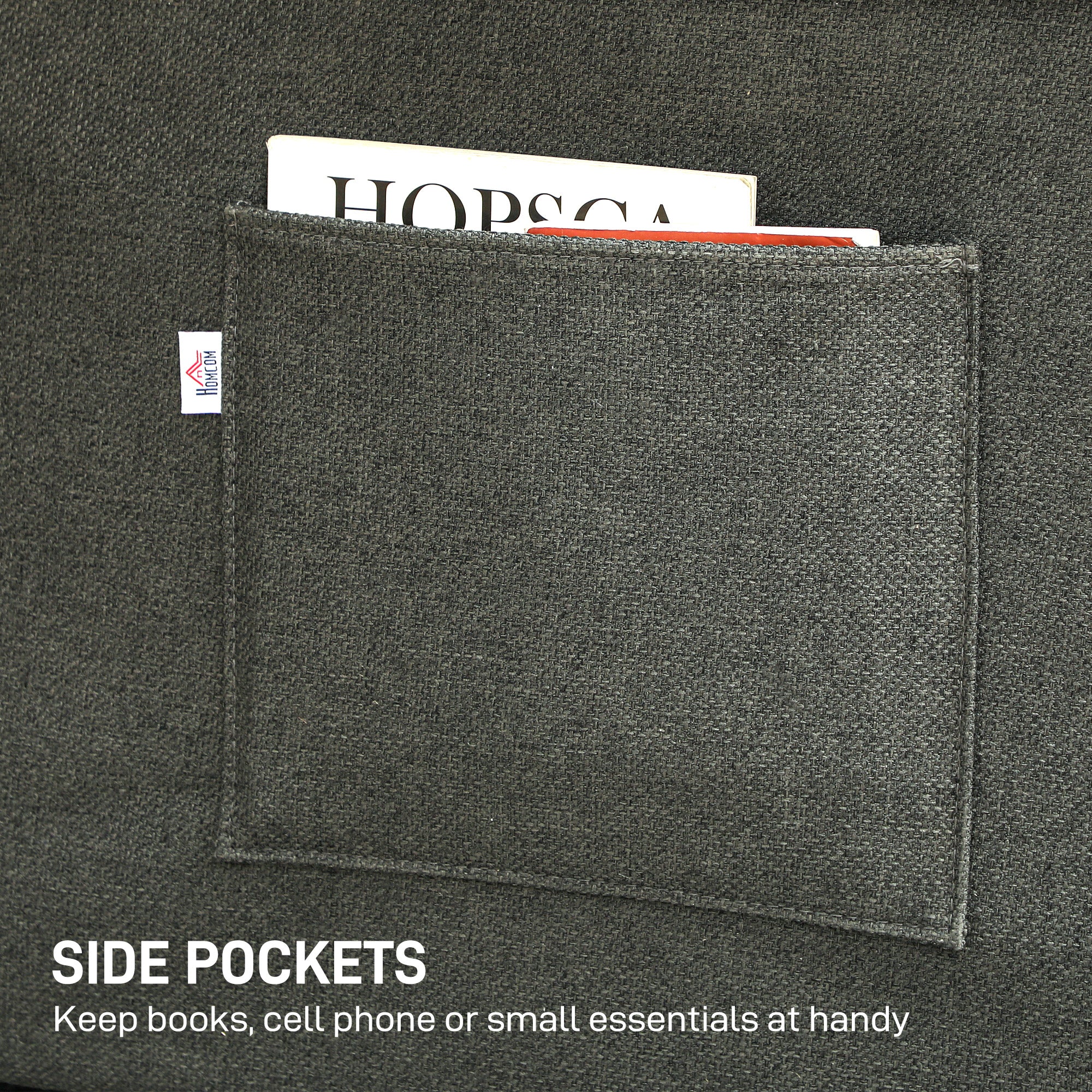 Homcom Sofa Bed Two Seater Click Clack For Living Room - dark grey fabric with side pocket holding magazines