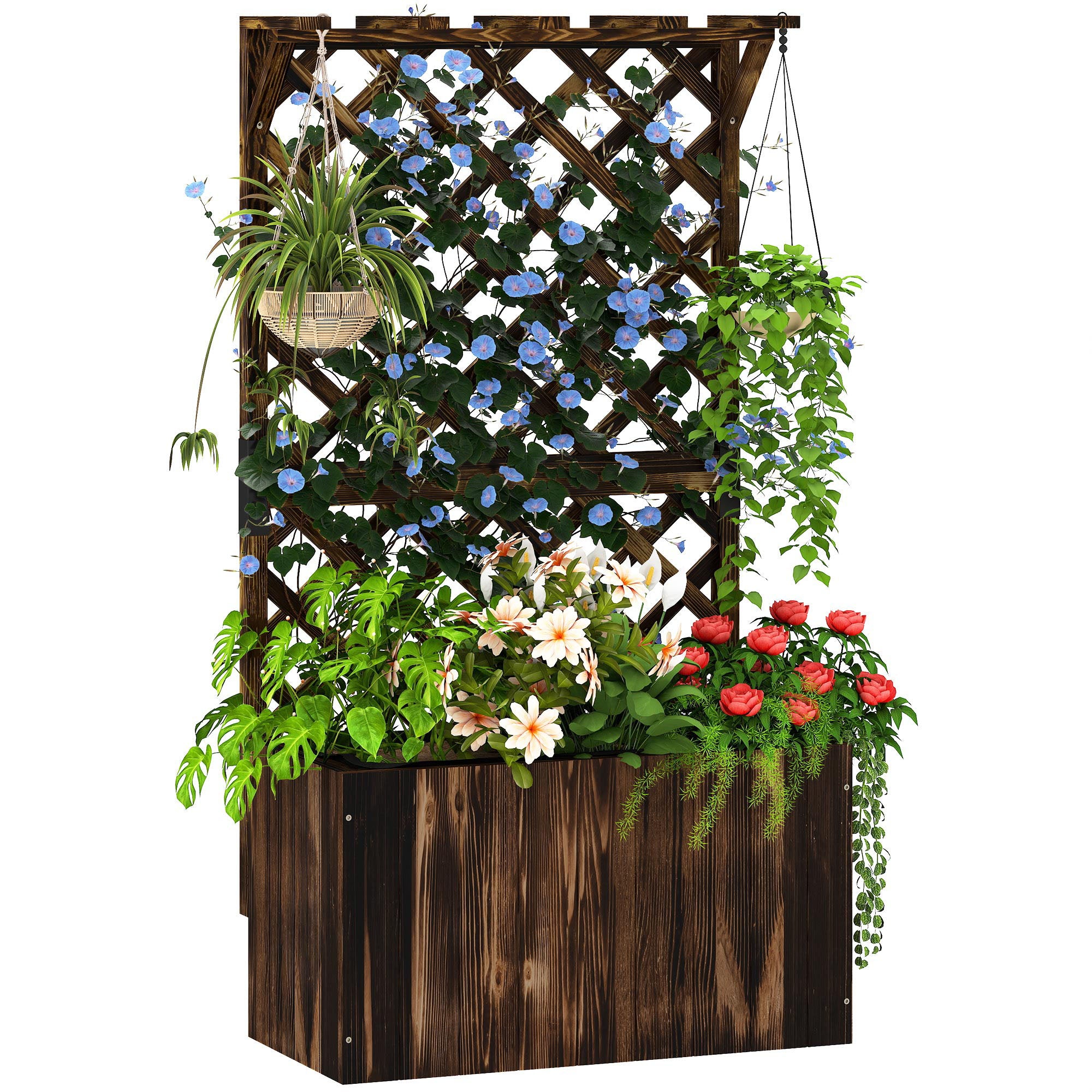 Outsunny wooden planter trellis with drainage holes, 24in raised bed and built-in trellis in dark fir wood
