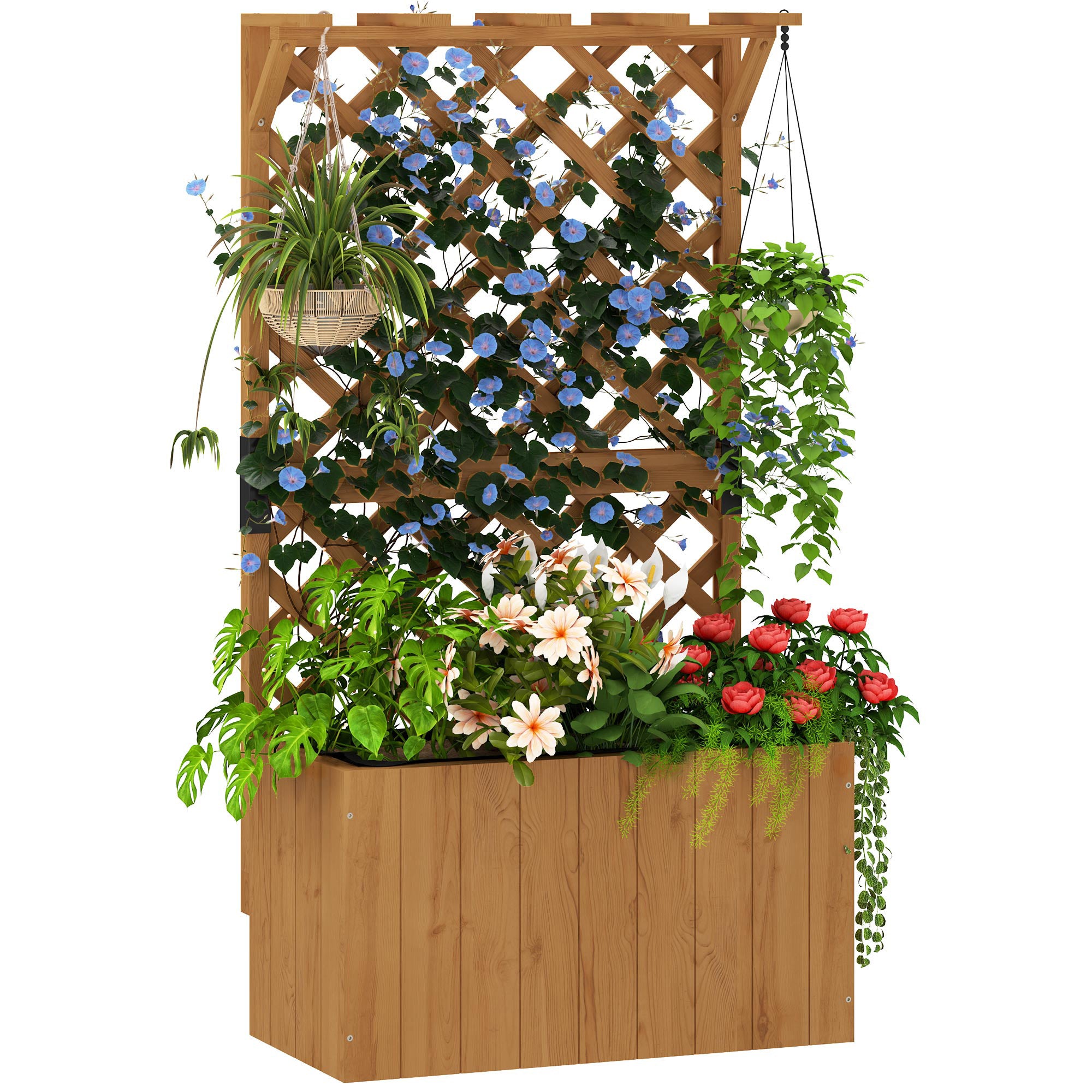 Outsunny 24In Fir Wood Planter Trellis with Drainage Holes natural wood color raised bed for climbing plants on patio