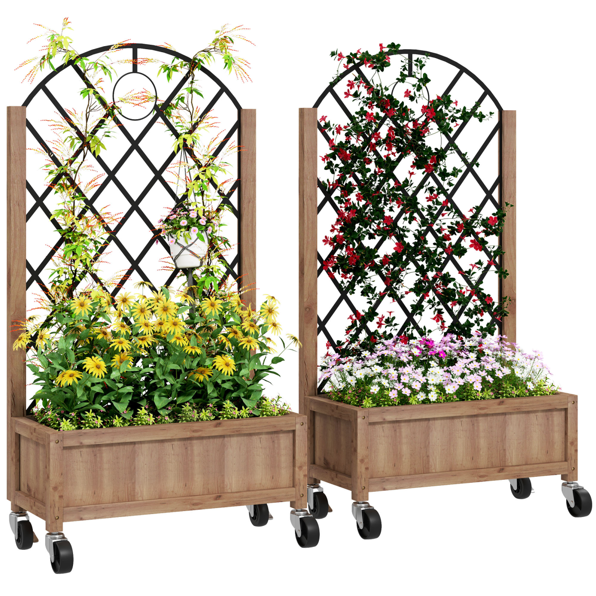 Two Outsunny wooden raised bed planters on wheels with lattice trellises and blooming flowers.