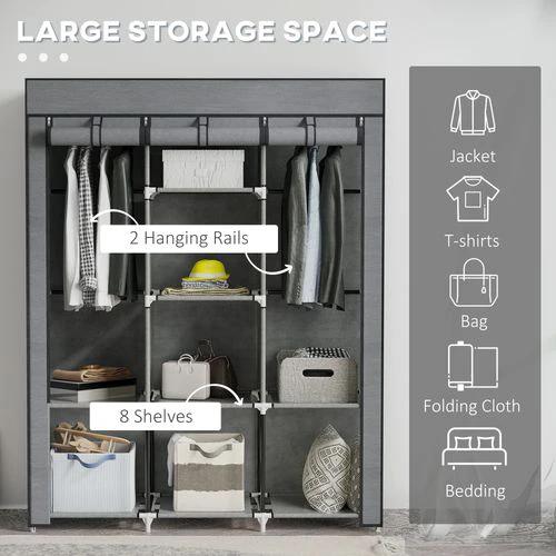 HOMCOM Fabric Portable Wardrobe 125x43x162.5 cm with 8 Shelves and 2 Hanging Rails Dust-Proof Storage for Home Organization by HOMCOM