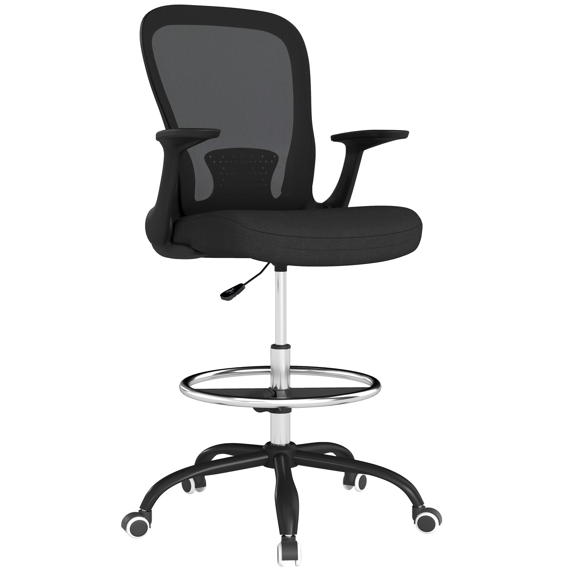 HOMCOM Drafting Chair Adjustable Height Breathable For Office with mesh back, cushioned seat, chrome foot ring.