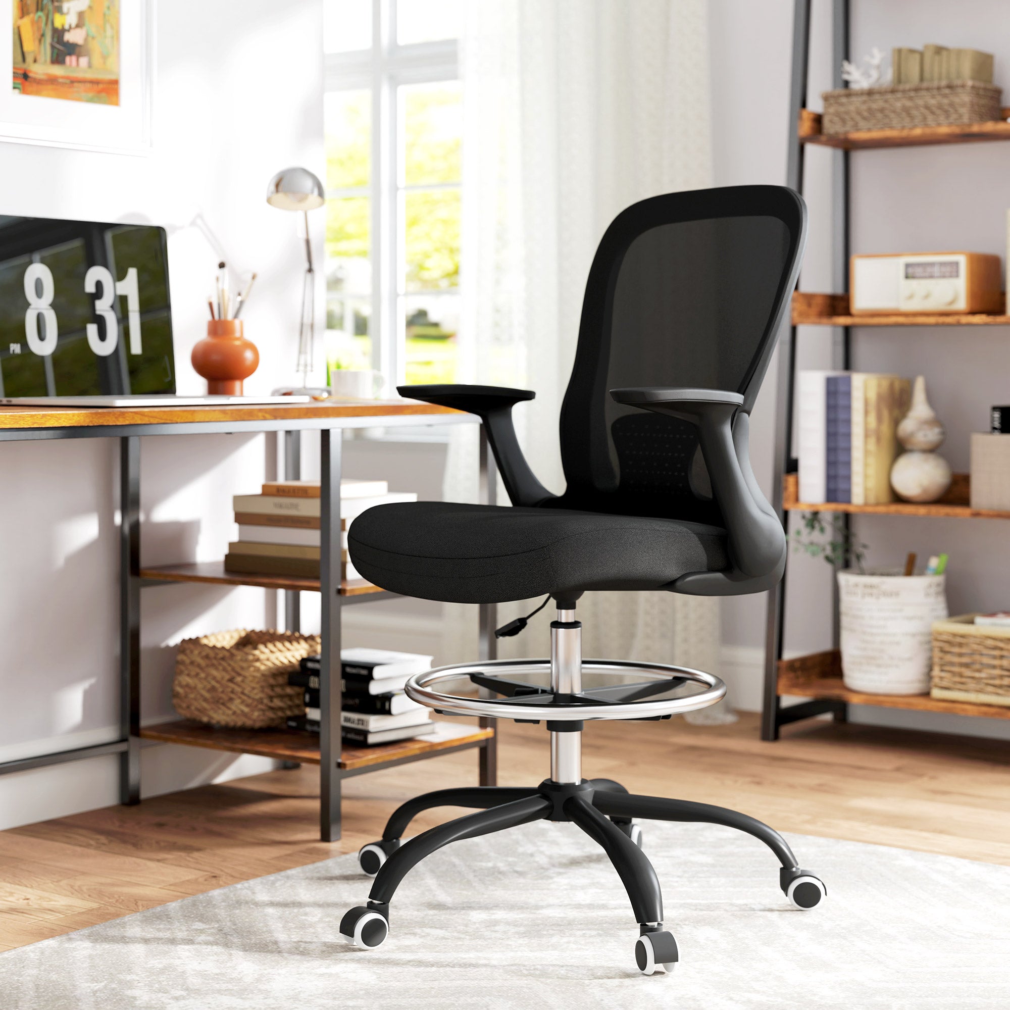 HOMCOM Drafting Chair Adjustable Height Breathable For Office with mesh back, cushioned seat, chrome foot ring.