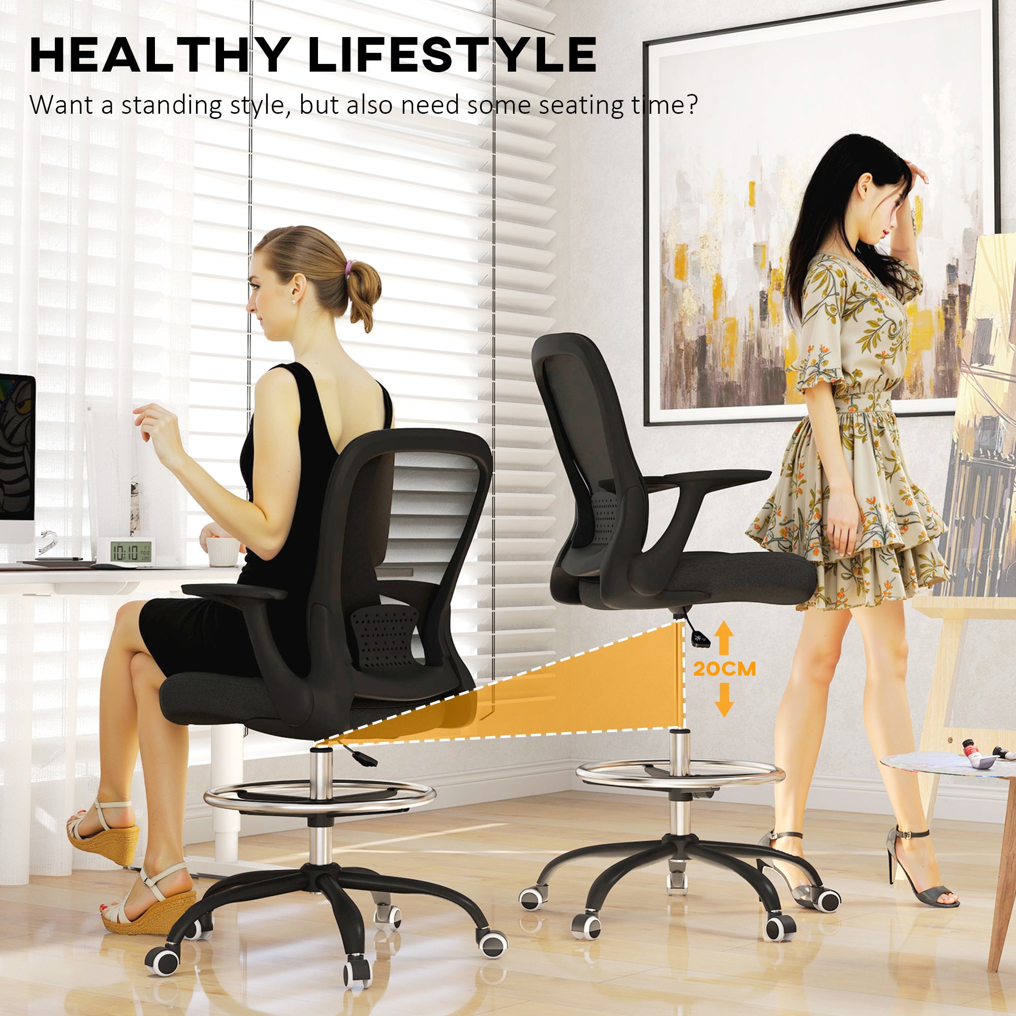 two HOMCOM Drafting Chair Adjustable Height Breathable For Office with mesh back and chrome foot ring in office