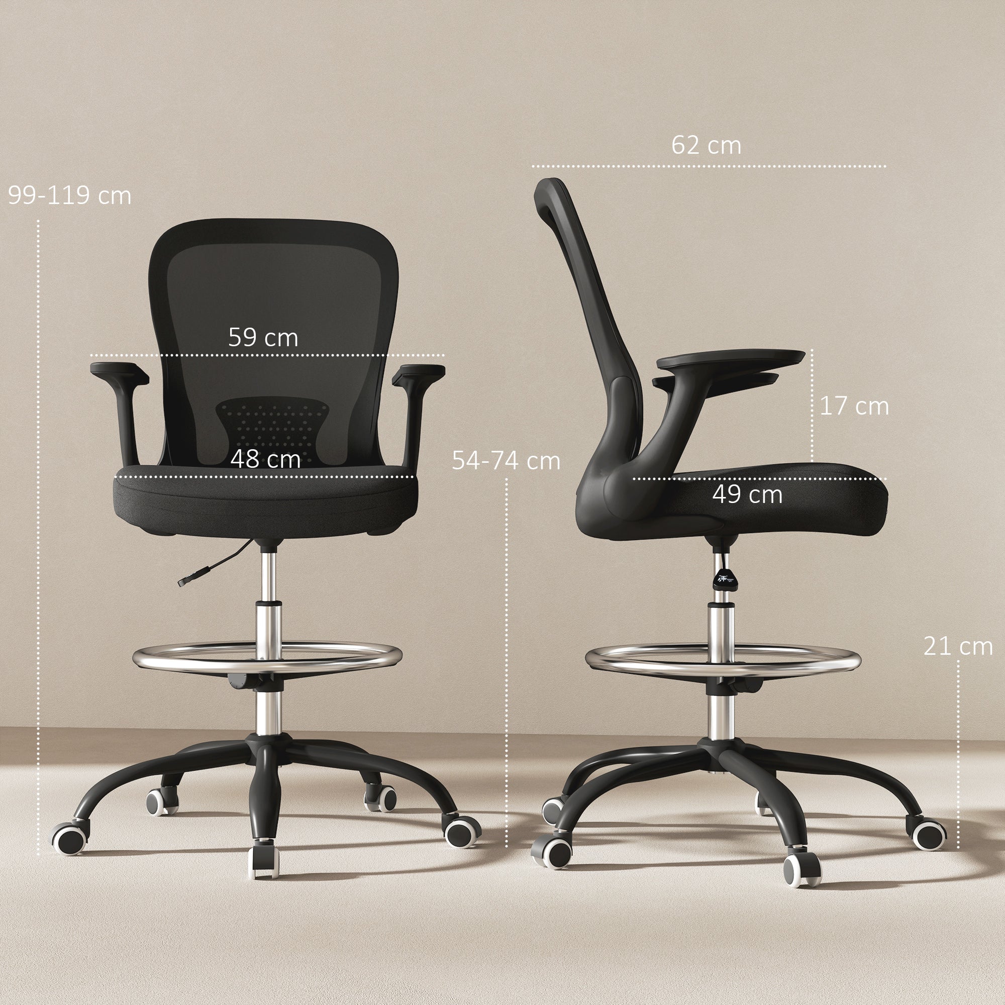 HOMCOM Drafting Chair Adjustable Height Breathable For Office mesh back, lumbar support, cushioned seat.